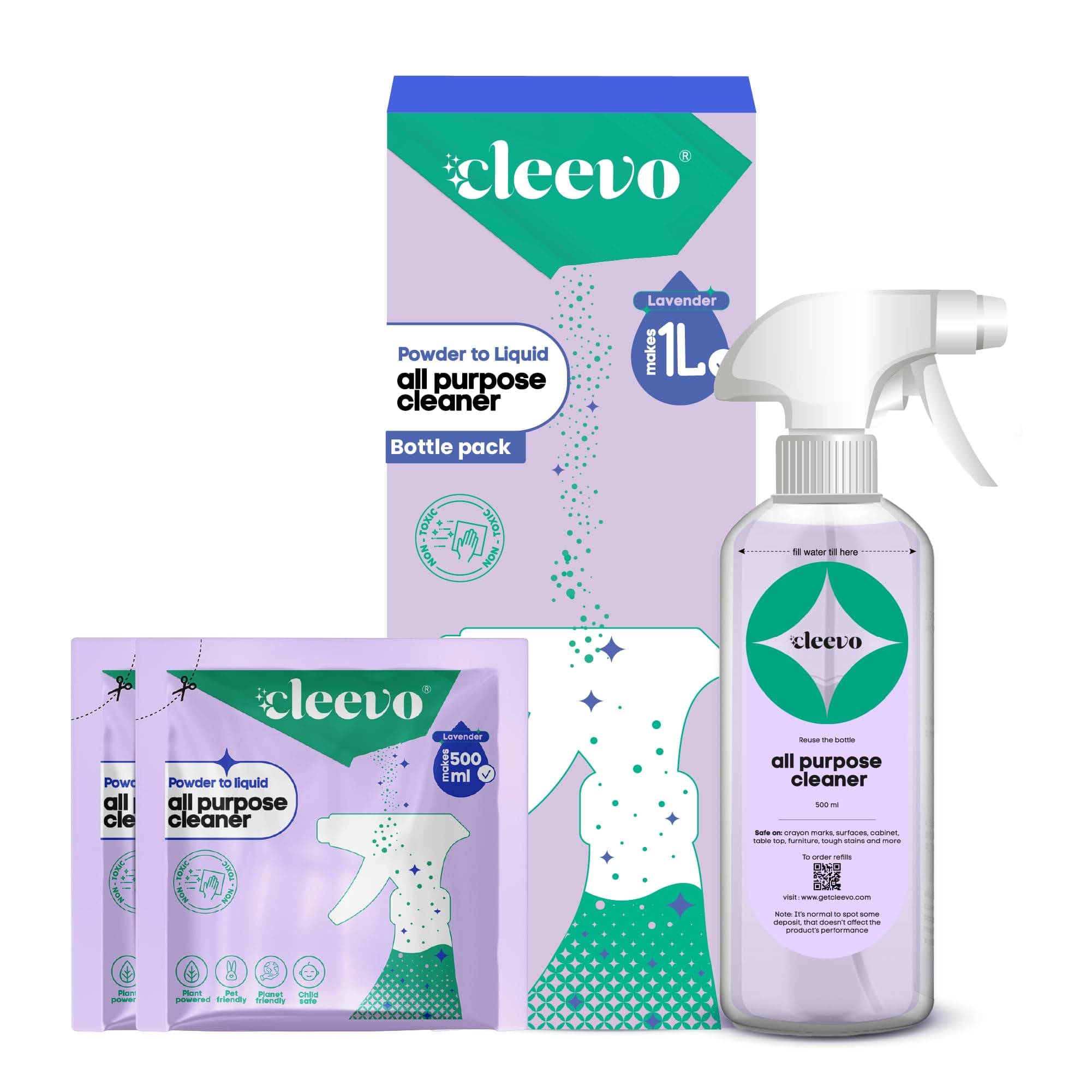 Cleevo All- Surface Cleaner- 1 Litre Bottle Pack | Plant-based Powerful Surface Cleaning Liquid for Tough Stains | Non-toxic Stain Remover for Home Surfaces Cleaning | Multi Surface Cleaner (Lavender)