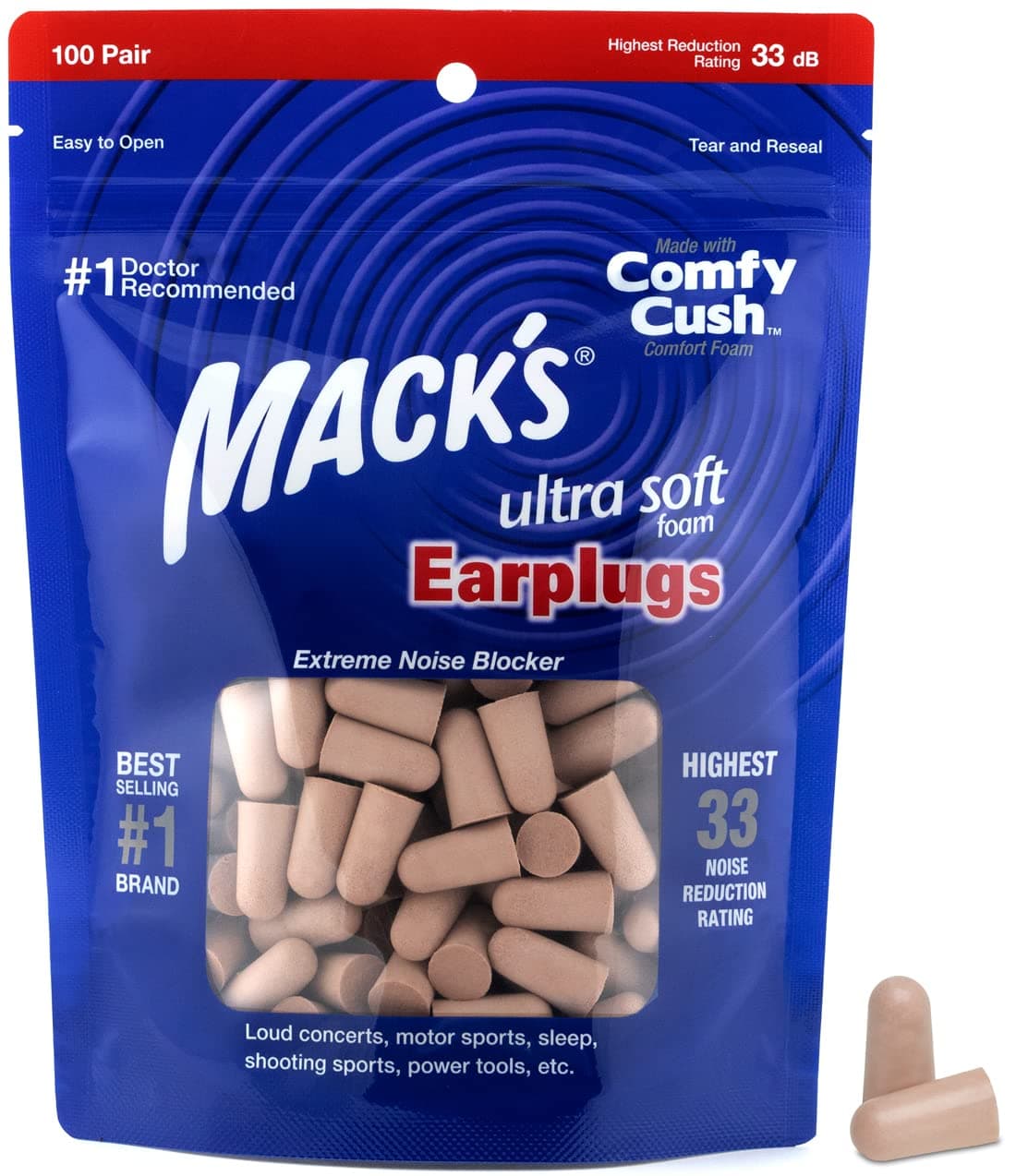 Ultra Soft Foam Earplugs, 100 Pair Bag - 33dB Highest NRR, Comfortable Ear Plugs for Sleeping, Snoring, Travel, Concerts, Studying and Loud Noise | Made in USA, Beige