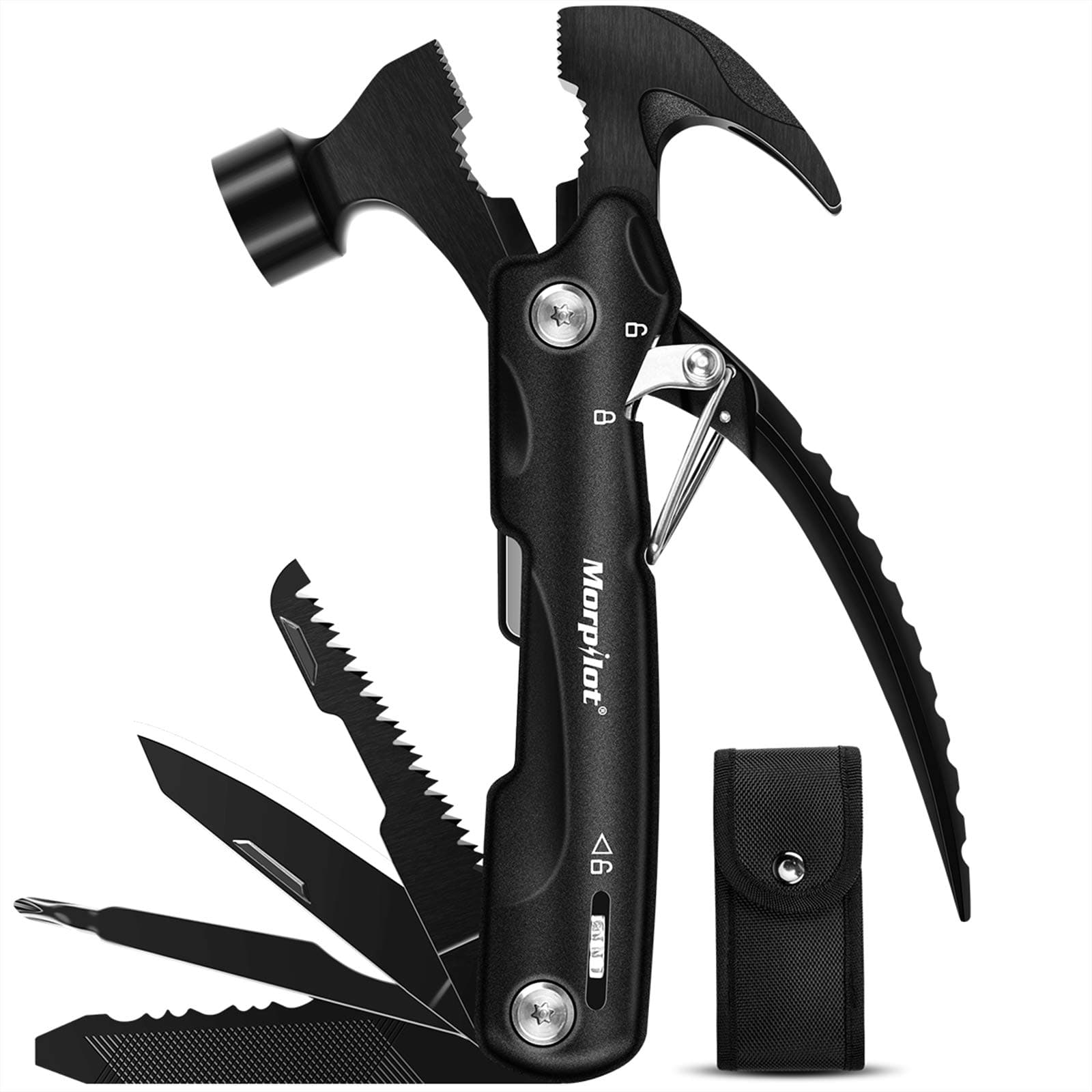 Multitool Hammer All in One Tool for Camping Hiking Hunting Survival EDC Knife Gifts for Him Boyfriend, Mini Multi Hammer with Screwdriver Pliers Knife Bottle Opener Safety Lock Belt Pouch