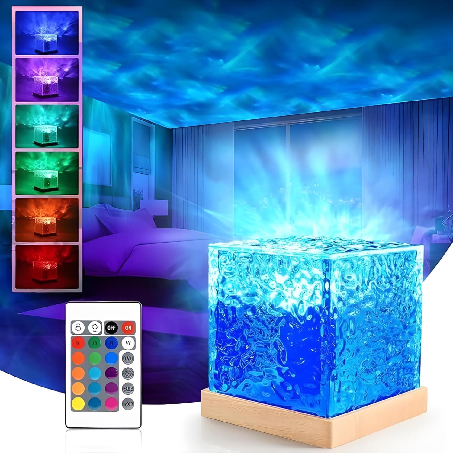Niyamax Ocean Wave Projector Lamp, 3D Water Wave Effect Romantic LED Night Light, USB Rechargeable Crystal Table Lamp with Remote Control, Multicolor Light for Home Decor, Bedroom & Gifts (Cube Shape)