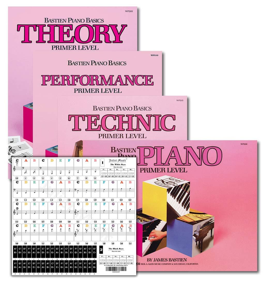 Bastien Piano Basics Primer Level Learning Set by Bastien - Lesson, Theory, Performance, Technique & Artistry Books & Juliet Music Piano Keys 88/61/54/49 Full Set Removable Sticker