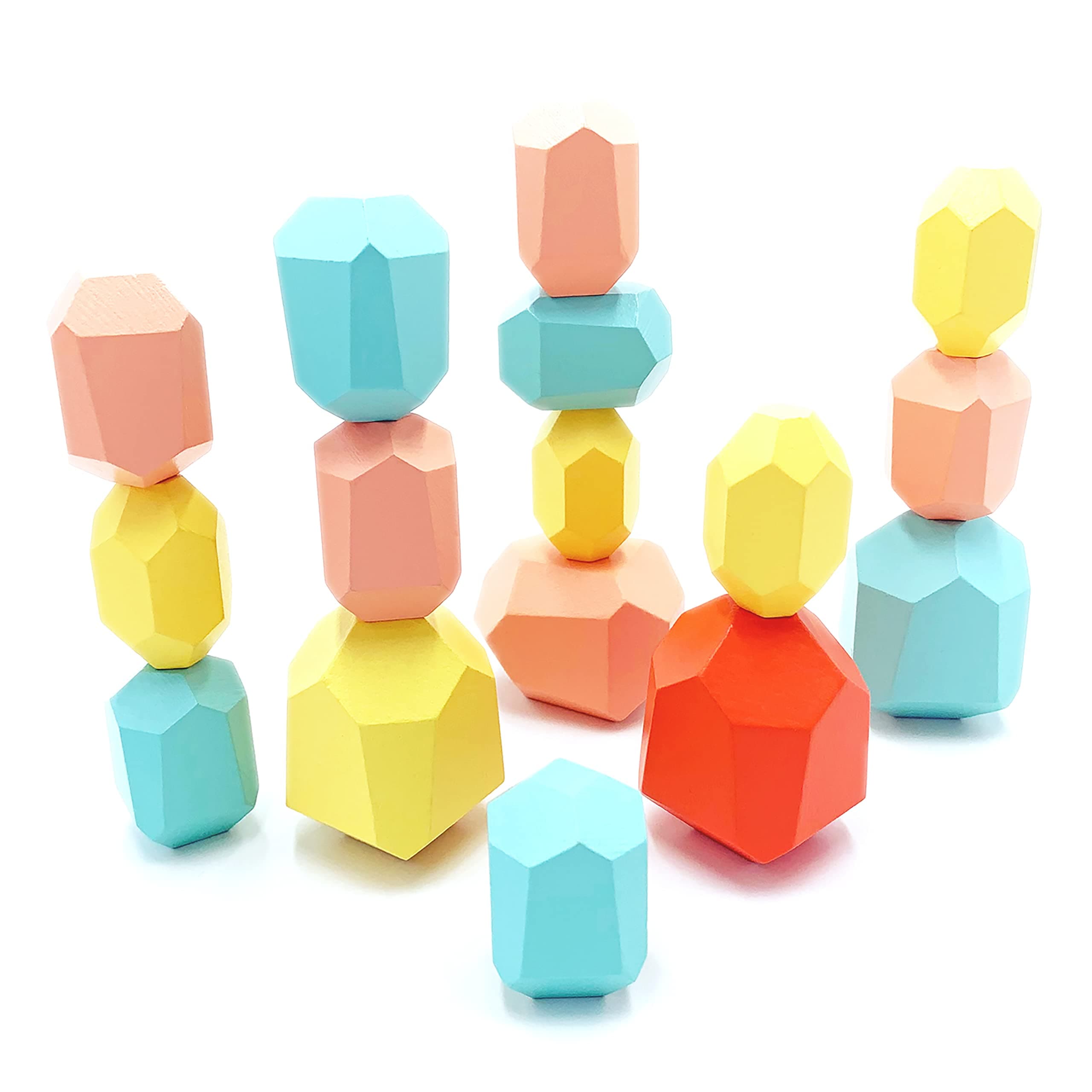 Stacking Rocks - Stacking Stones - 16 pc Wooden Stacking Rocks for Kids - Sorting & Stacking Toys - Balancing Stones - Wooden Stacking Stones - Rock Blocks Kids (Pink Blue Yellow)