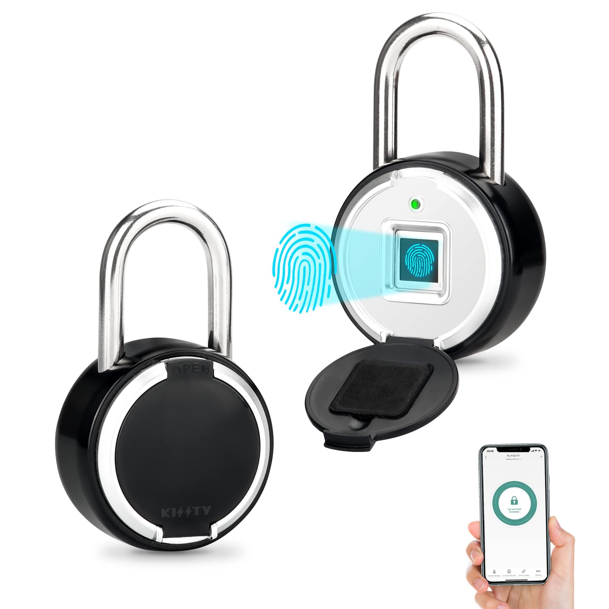 KISSTY Fingerprint Padlock, Smart Locker Lock APP Bluetooth Lock Thumbprint Gym Lock USB Rechargeable Small Waterproof Locks for Lockers