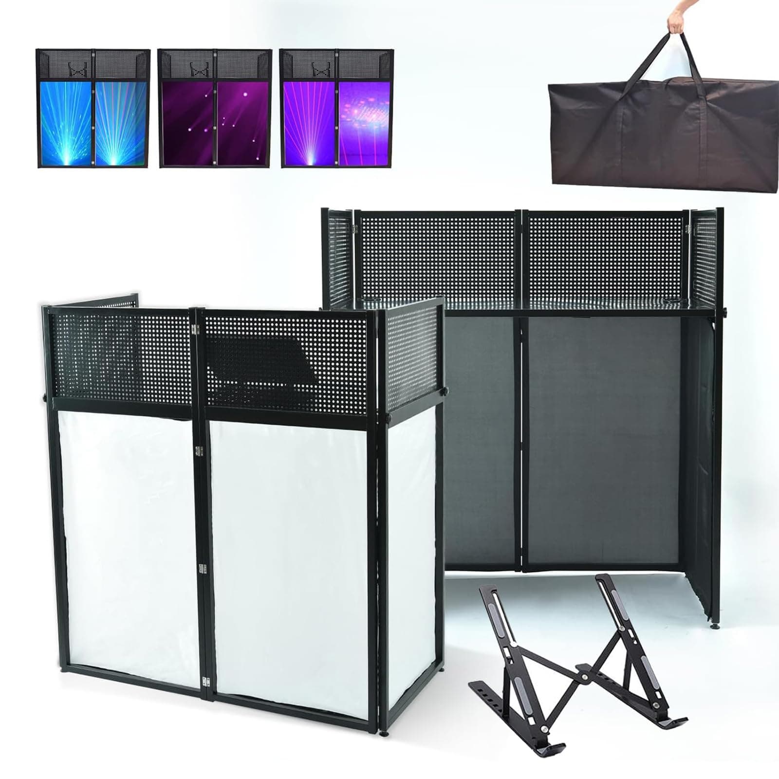 Portable DJ Facade Table Station, Foldable DJ Event Booth Facade with White & Black Scrim, Padded Carrying Bag, Powder Coated Metal Frame DJ Booth Flat Table Top, 40X40X20 Inches