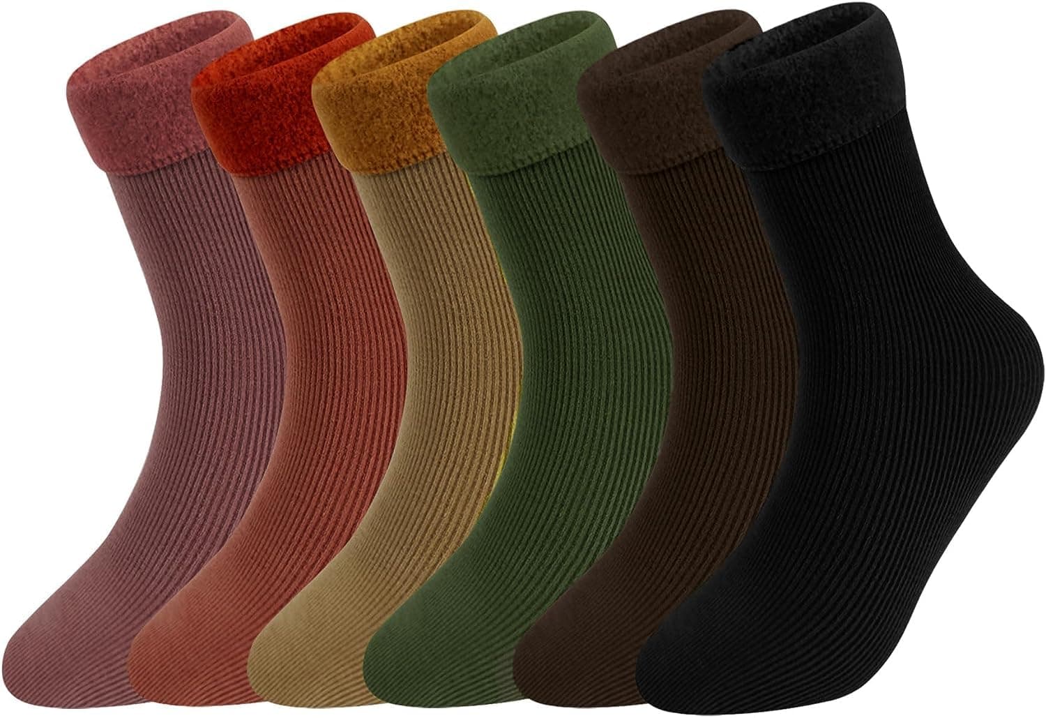 Women's Pack Of 6 Solid Winter Thick Warm Fleece Lined Thermal Stretchy Elastic Velvet RegularSocks (Without Thumb), Multicolored
