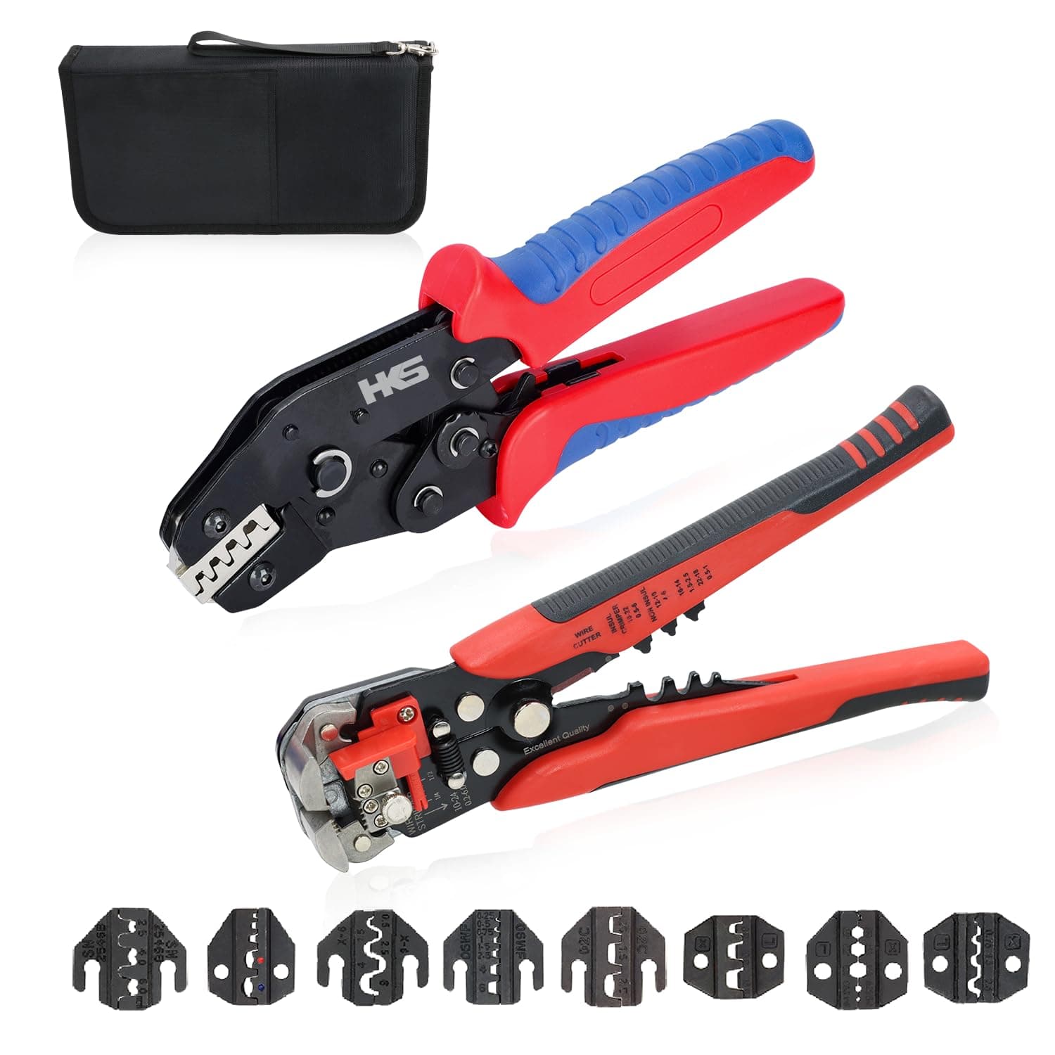 HKS Ratcheting Crimping Tool Set 12 PCS with Wire Stripper & Changeable Jaws for Dupont JST MOLEX - Open Barrel Terminals, Insulated & Non-Insulated Ferrules, Butt Connectors, Solar & Coax Connectors