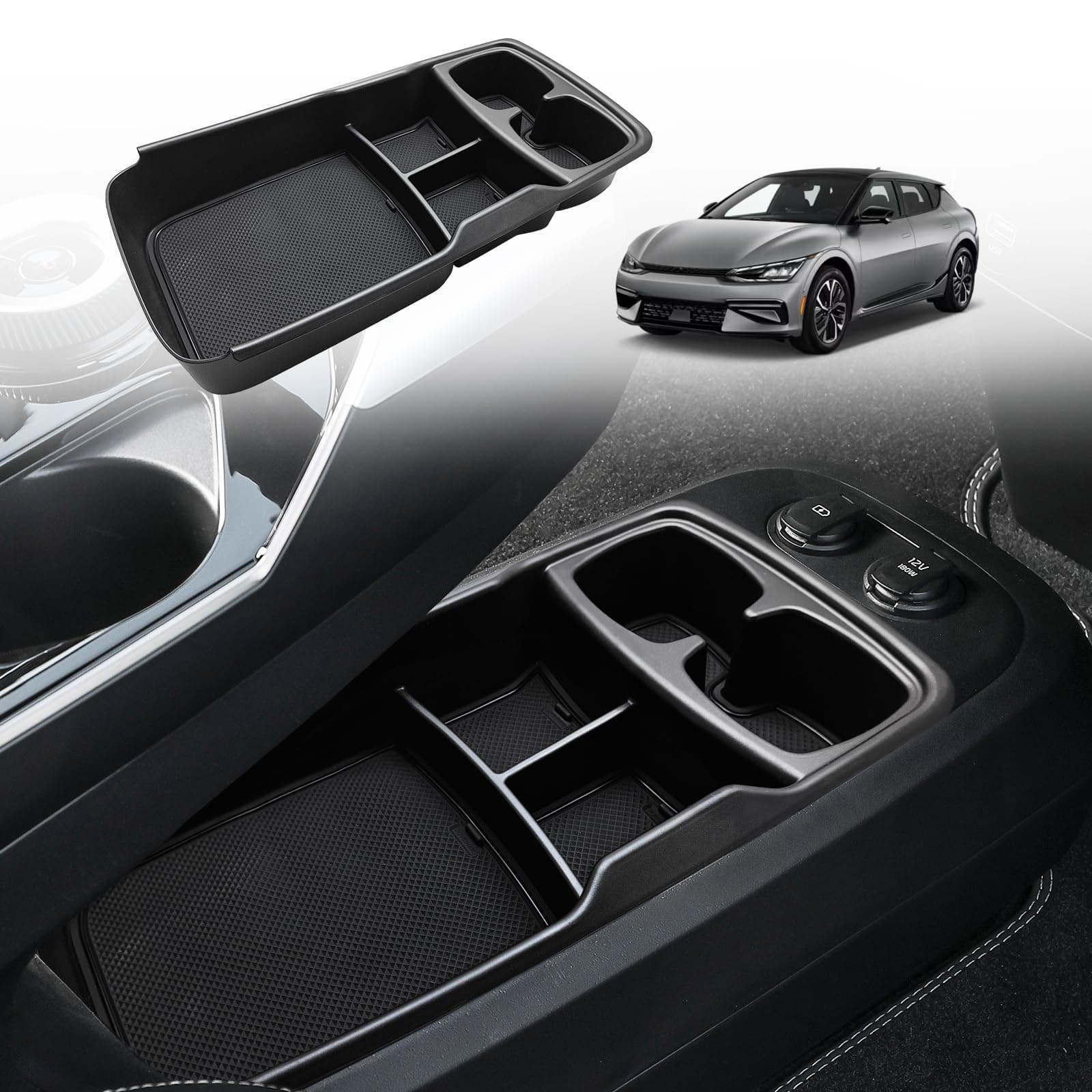 BestEvMod for EV6 Lower Center Console Organizer Tray Interior Accessories Storage Box ABS Material with PVC Trim Compatible with 2022 2023 2024 Kia EV6 Accessories (Lower Organizer-V2)