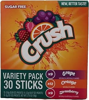 Crush Singles Grape, Orange, Strawberry To Go Sugar Free Drink Mix Variety Pack 2.75 oz Pack of 30 Sticks