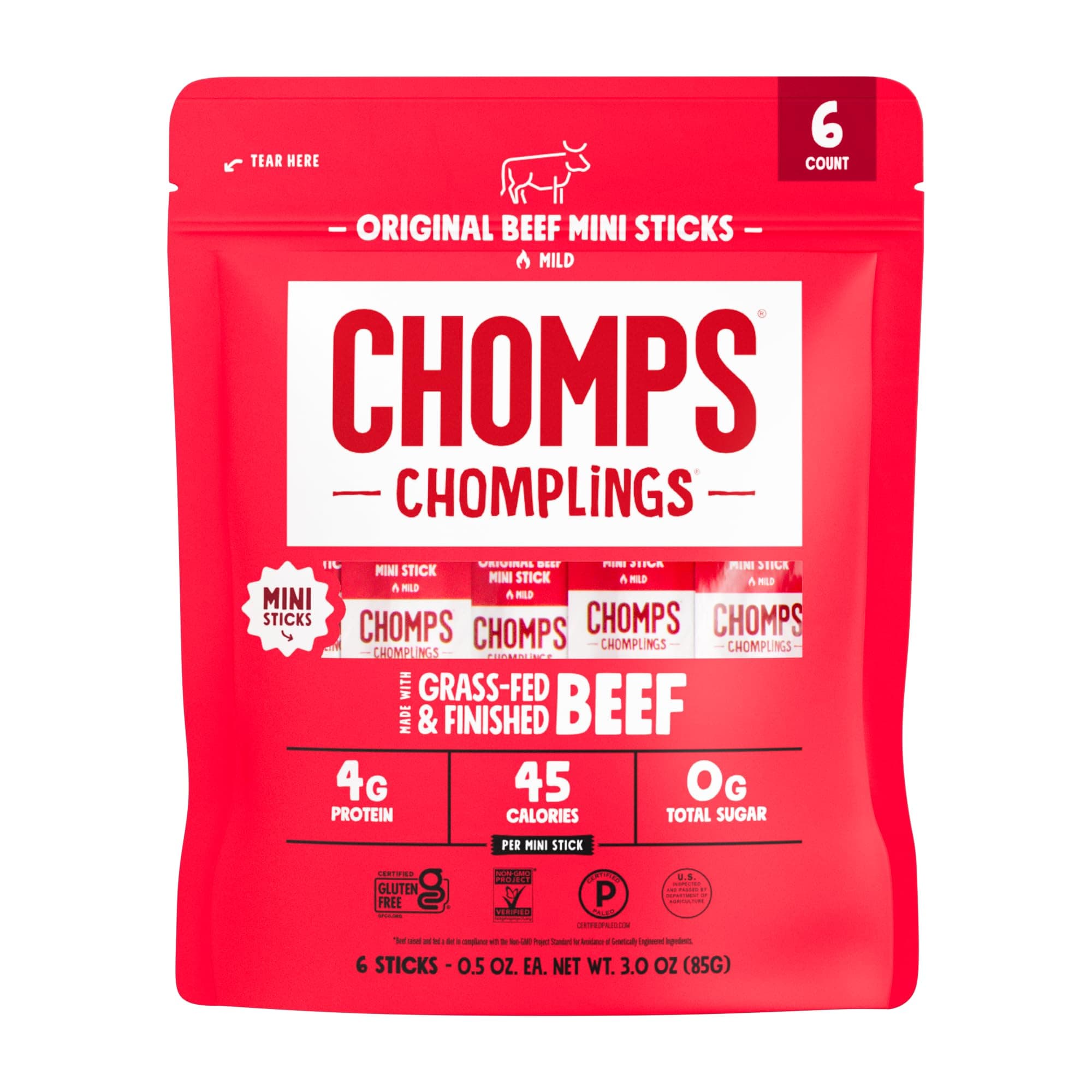 Chomps CHOMPS MINI Grass-Fed Beef Jerky Sticks, 0.5 oz, Original Beef 0.5 Ounce (Pack of 6)