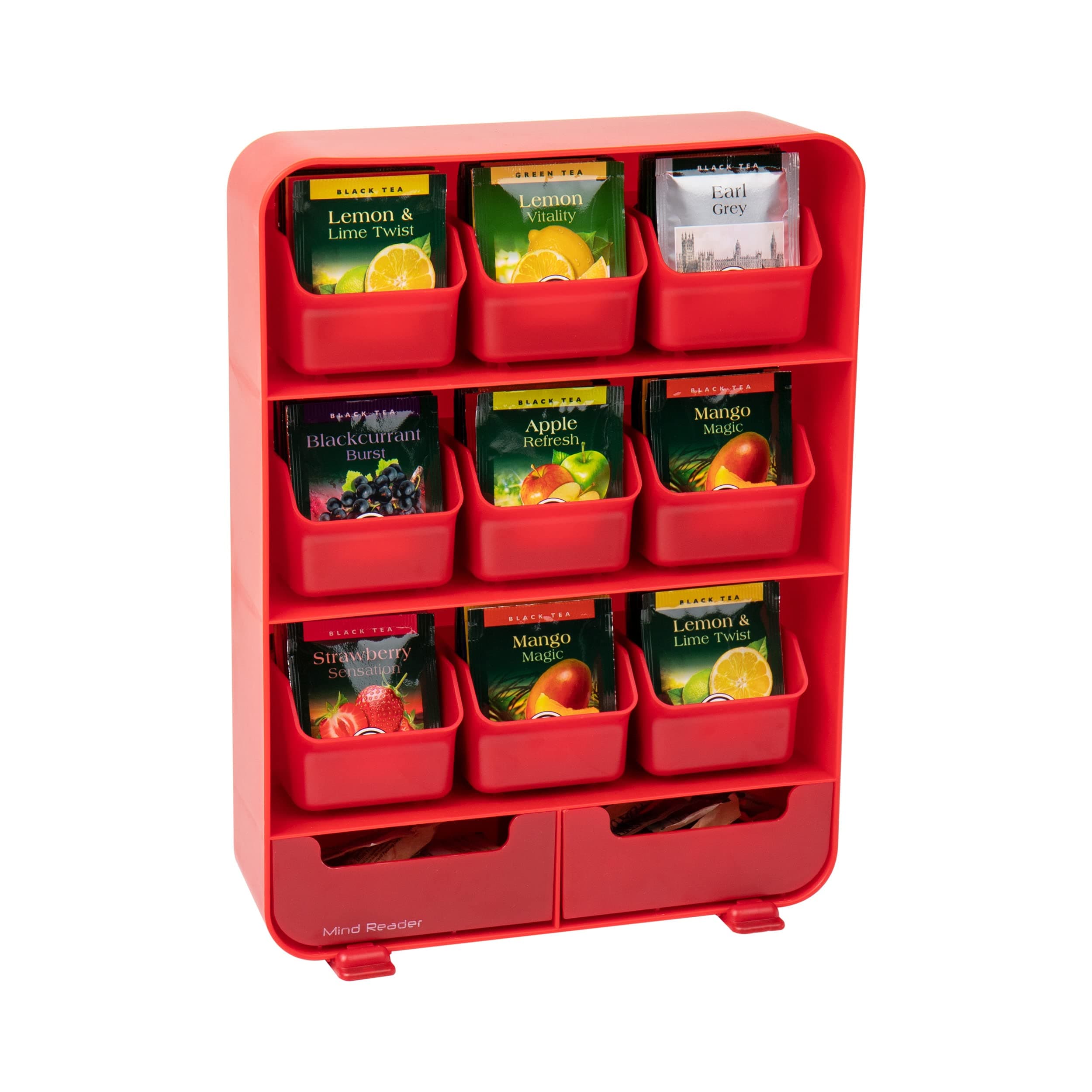 Tea Bag Organizer, Tea Station Organizer, Countertop Storage, Kitchen, Plastic, 10.25"L x 3.25"W x 13.75"H, Red
