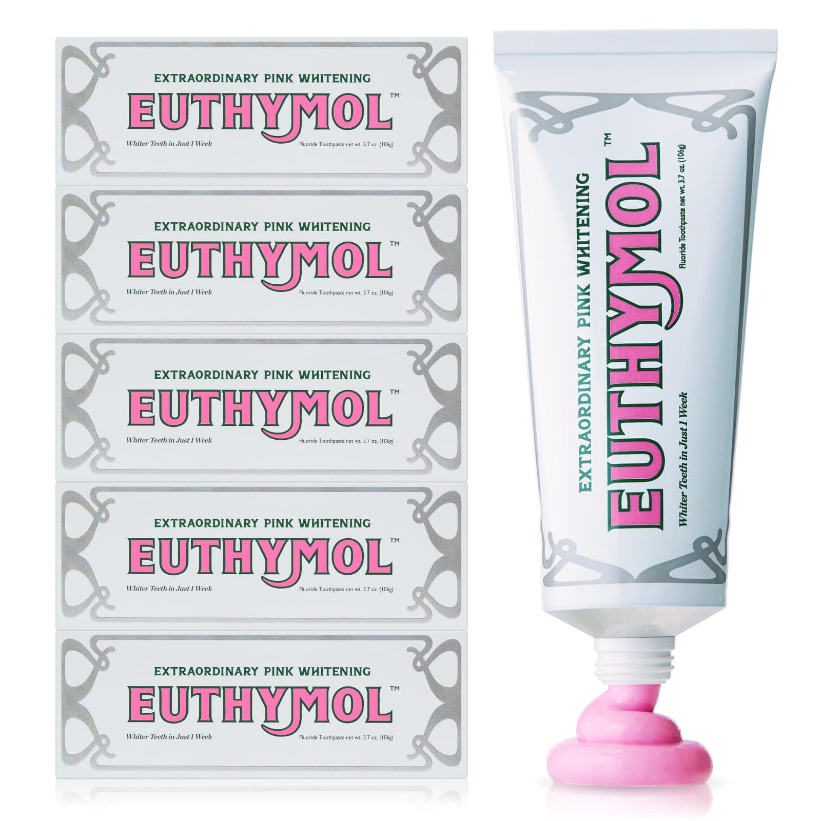 Whitening Toothpaste (3.7fl oz, Pack of 5) - Stain Removal in 2 Weeks, Long-Lasting Freshness for Sensitive Gum & Teeth. Bad Breath, Cavity Prevention. Recyclable Aluminum Tube.