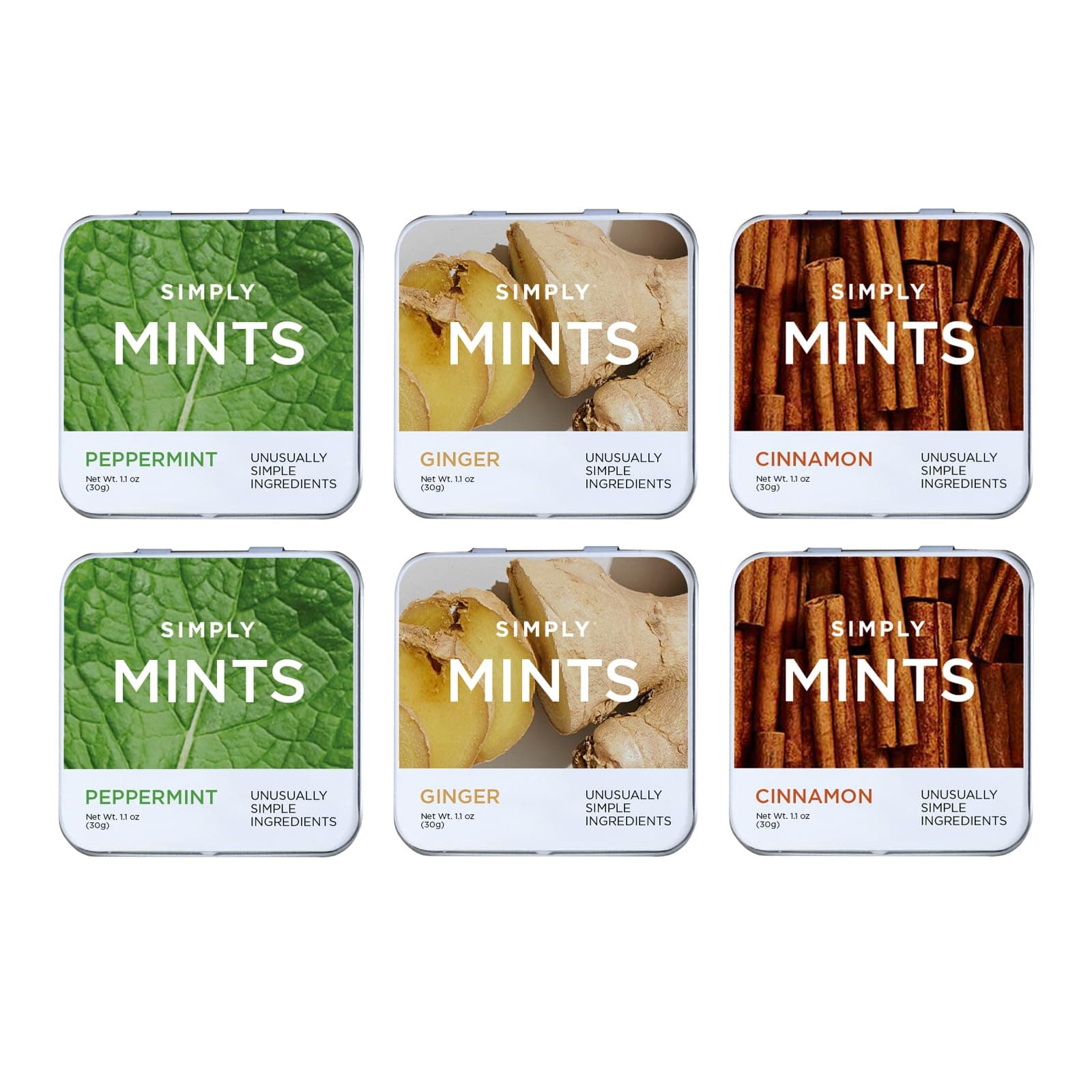 SIMPLY MINTS Natural Breath Mint Sampler, 6 Pack (180 Pieces), Made with Peppermint, Ginger, and Cinnamon Oils, Aspartame-Free, Sorbitol-Free, Xylitol-Free, Vegan, Kosher, Non-GMO