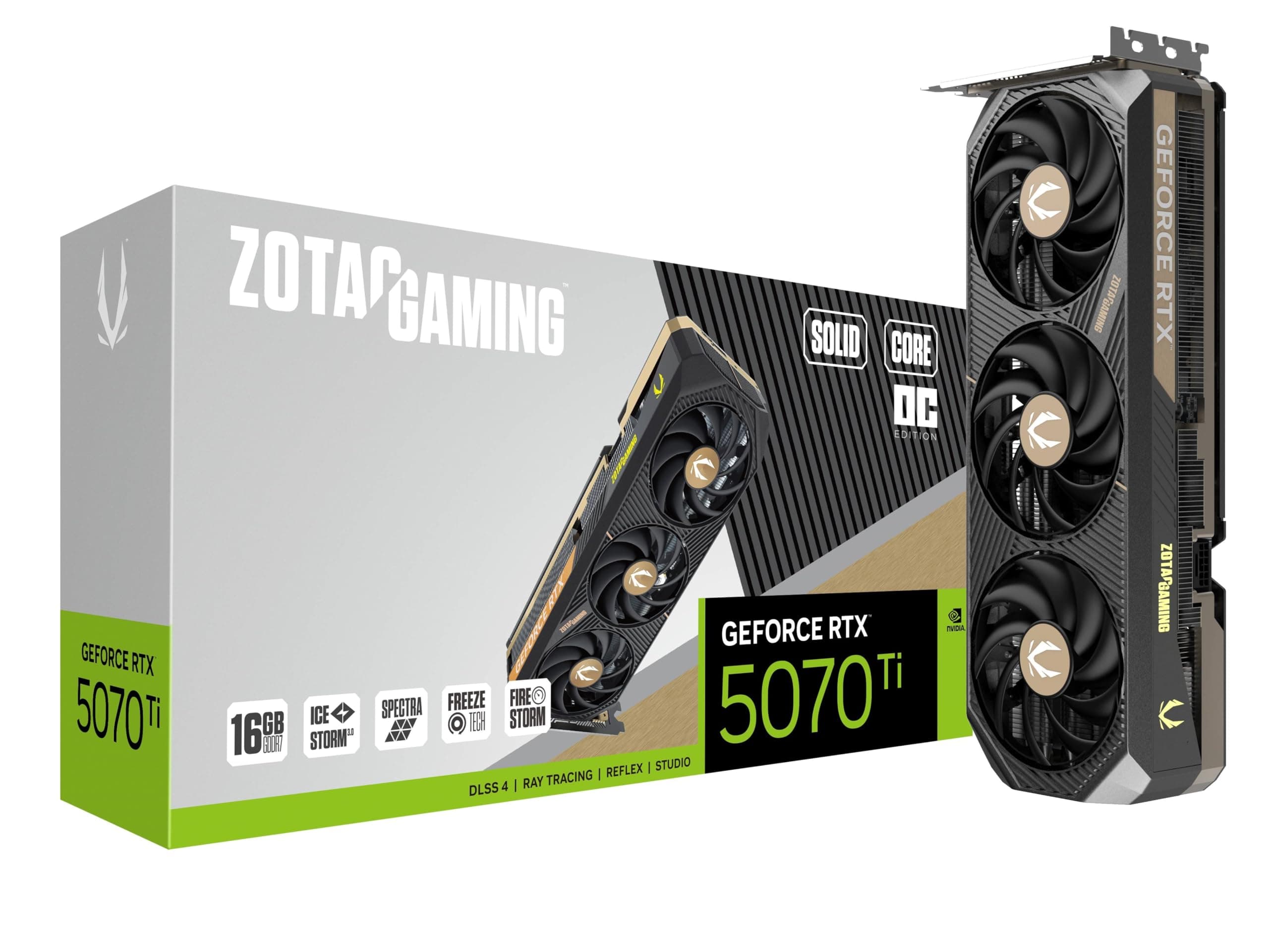 - Gaming GeForce RTX 5070 Ti Solid CORE OC DLSS 4 16GB GDDR7 256-bit 28 Gbps PCIE 5.0 Gaming Graphics Card, IceStorm 3.0 Advanced Cooling, Spectra RGB Lighting, ZT-B50710J2-10P