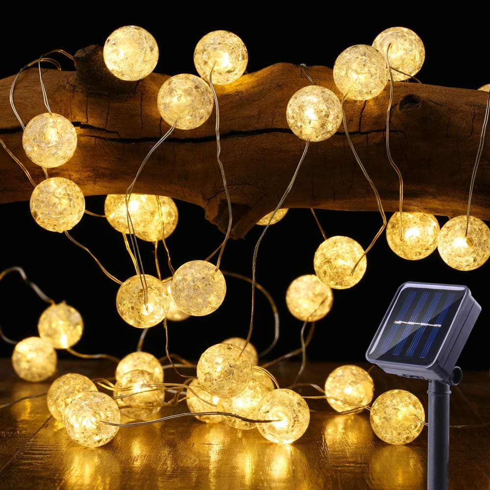 BrizLabs Solar String Lights, 50 LED 22.73ft Solar Globe String Lights Outdoor, 8 Modes Waterproof Solar Twinkle Lights with Memory, Warm White Indoor Ball String Lights for Patio, Wedding, Garden