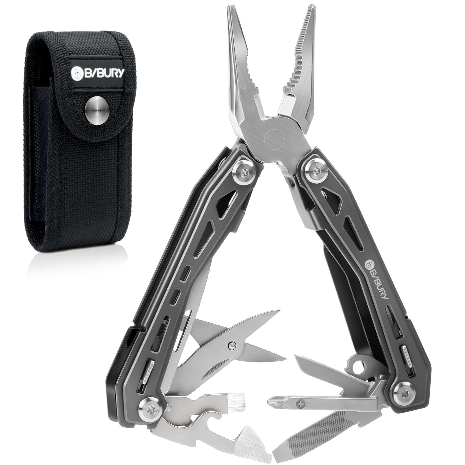 BIBURY Multitools BI2043, 17-in-1 Portable Multitool Foldable Spring-Loaded Pliers with Scissors, Can Opener & Screwdriver, EDC Tools for Camping, Outdoor Activities, Home Repair - Titanium Plating