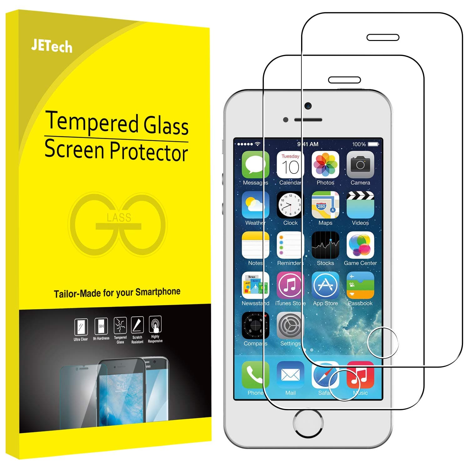 JETech 2 Pack Tempered Glass Screen Protector for iPhone SE 2016 (Not Fit 2022/2020) / iPhone 5s/5/5c/SE 1st Generation