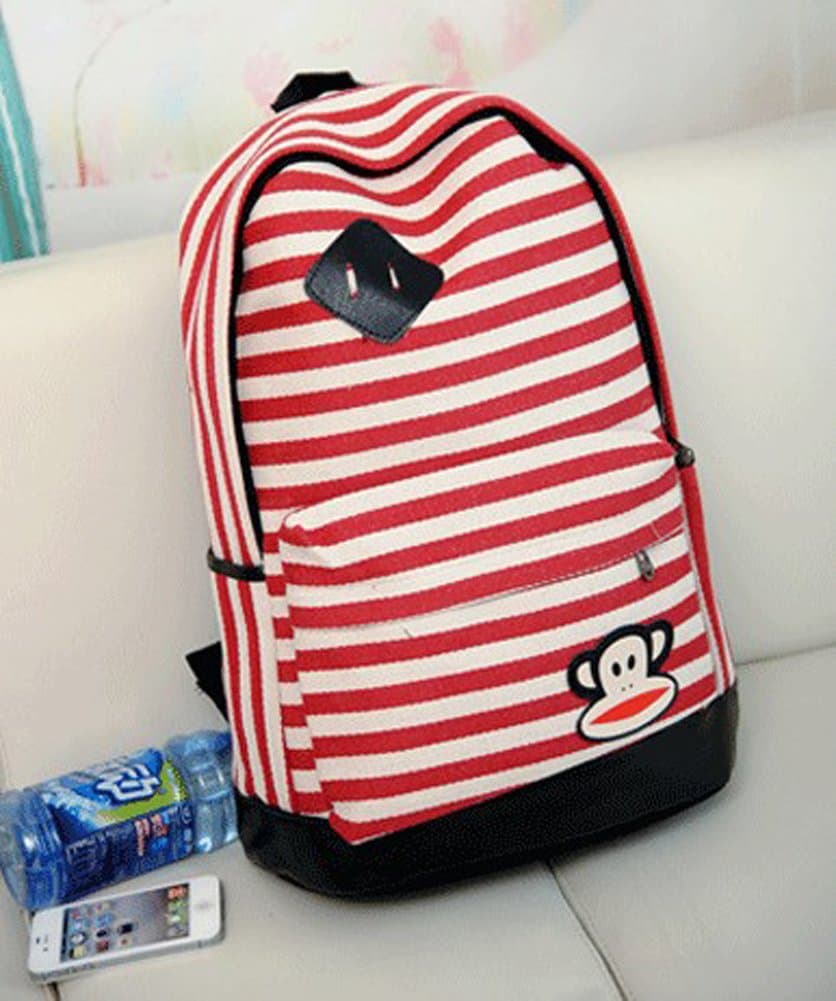 Paul Frank Stripe Canvas Backpack/ British Preppy Style Backpack/Leisure Rucksack/ Backpack Bag for Students / Lovely Travelling Bag (Red stripe)