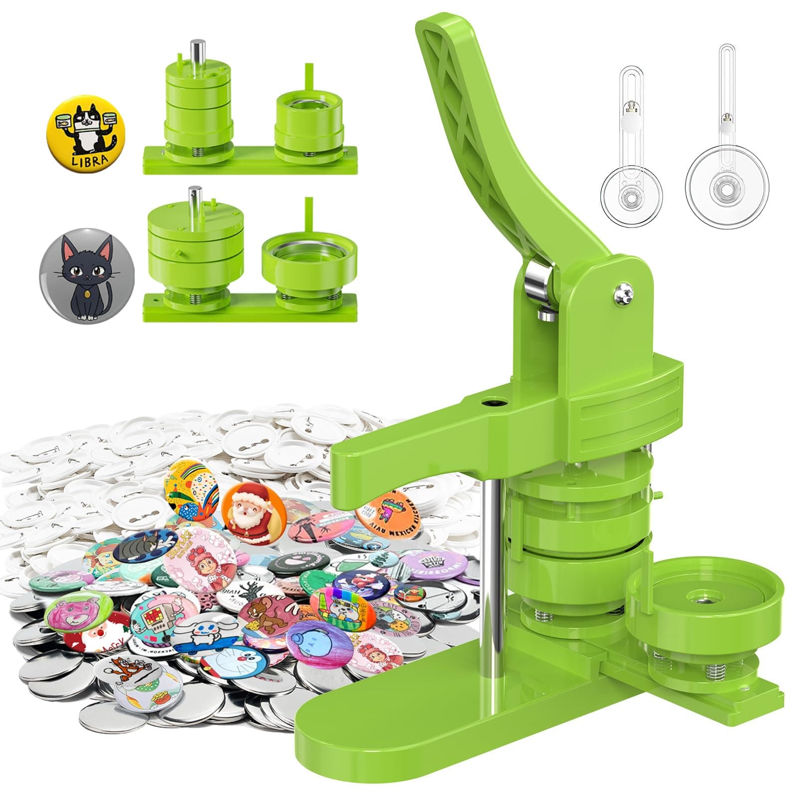 Aiment Button Maker Machine Multiple Sizes 200Pcs, Badge Maker 1.25+2.25 inch for Kids, Badge Press Machine with 200 Sets Button Making Supplies & Cutter & Cutting Mat (Green, 32/58mm)