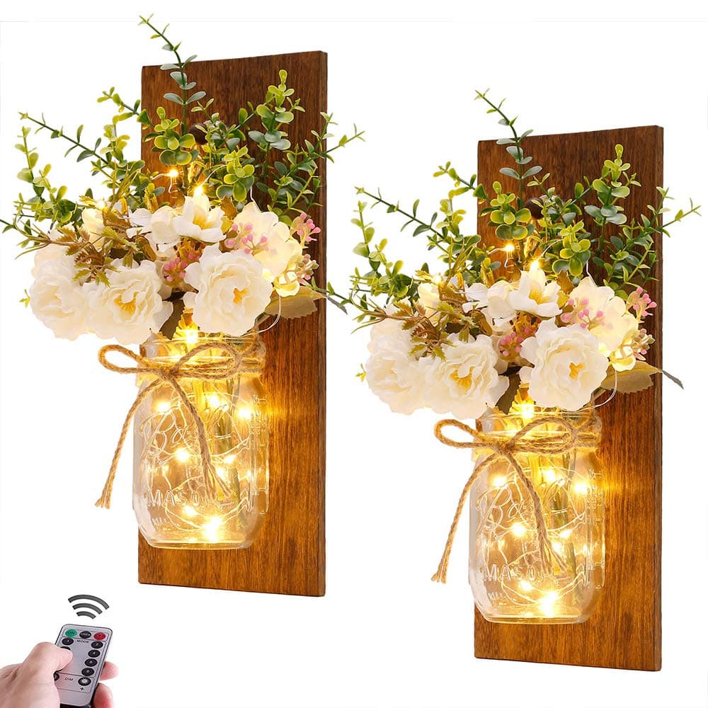Rustic Wall Sconces Mason Jar Sconces Handmade Wall Art Hanging Design with Remote Control LED Fairy Lights and White Peony, Wall Decor Gift Farmhouse Wall Home Decor Living Room Lights Set of Two