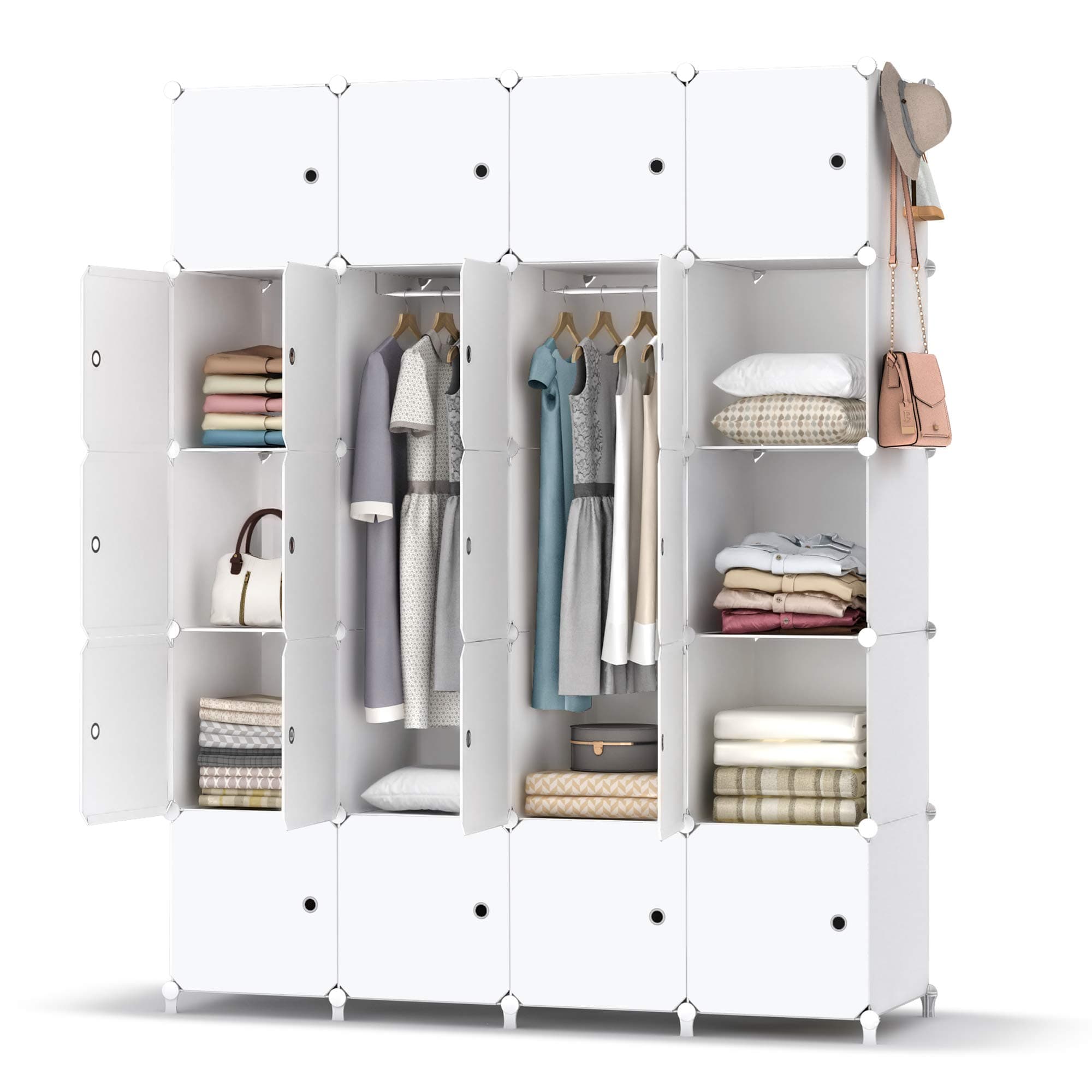 HOMIDEC Portable Wardrobe Foldable Closet with 20 Compartments, Combination Armoire Modular Cabinet Clothes Storage Organizer Shelf with Clothes Hanging Rails for Bedroom