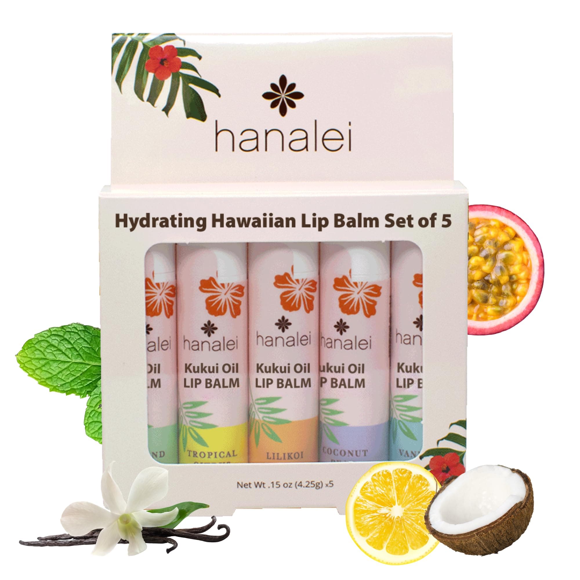 Hanalei Lip Balm & Moisturizer Variety Pack (5 Tubes) – Hydrating Care with Natural Kukui Oil & Beeswax – Soothes, Repairs & Nourishes Dry, Chapped Lips – Long-Lasting Moisture & Protection