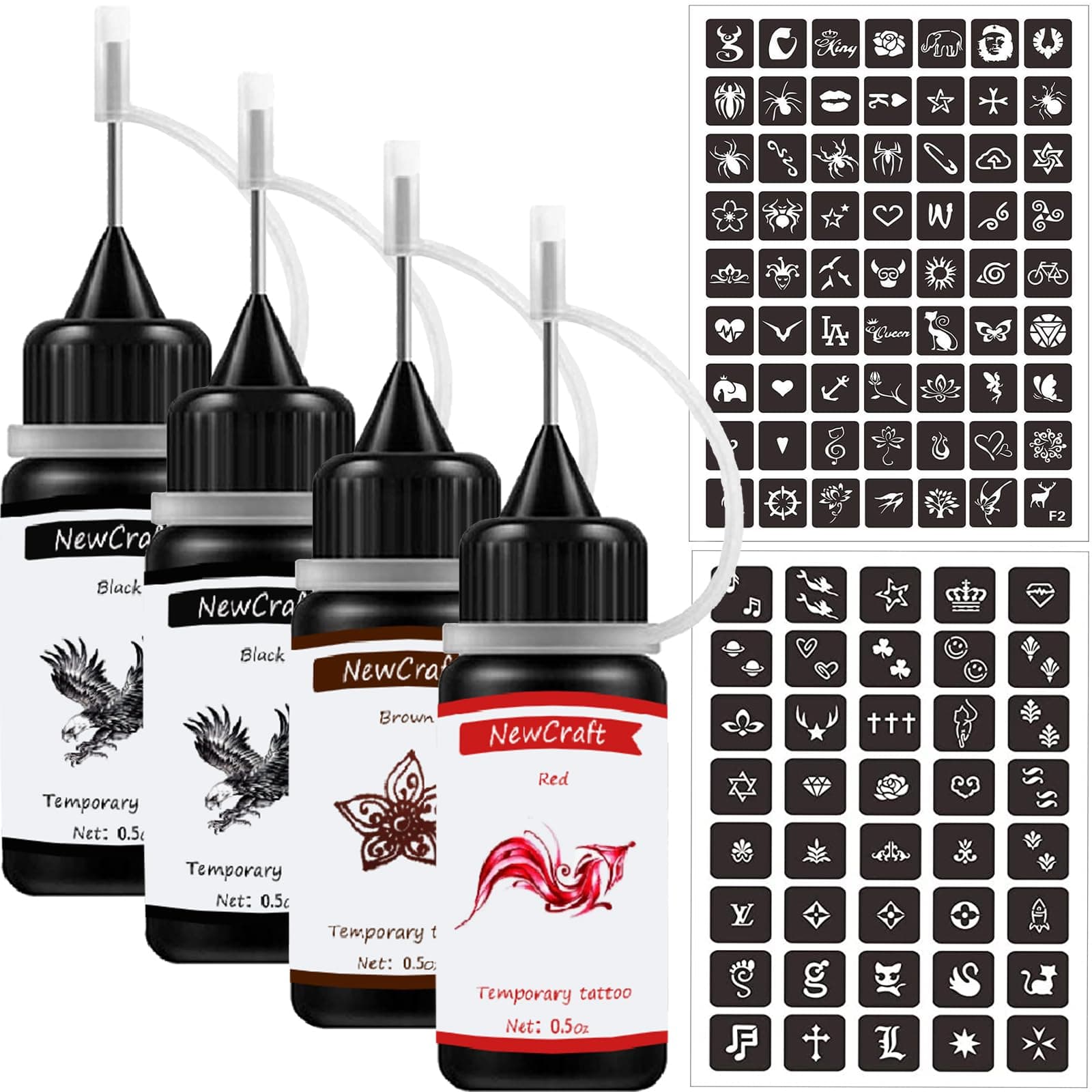 Temporary Tattoos Kit, Permanent Tattoo, 4 Pcs with Three Colors, DIY Tattoos, Full Kit 103 Pcs Adhesive Stencil for Women Men Body Markers - 4 Bottles (Black*2/Red/Brown)