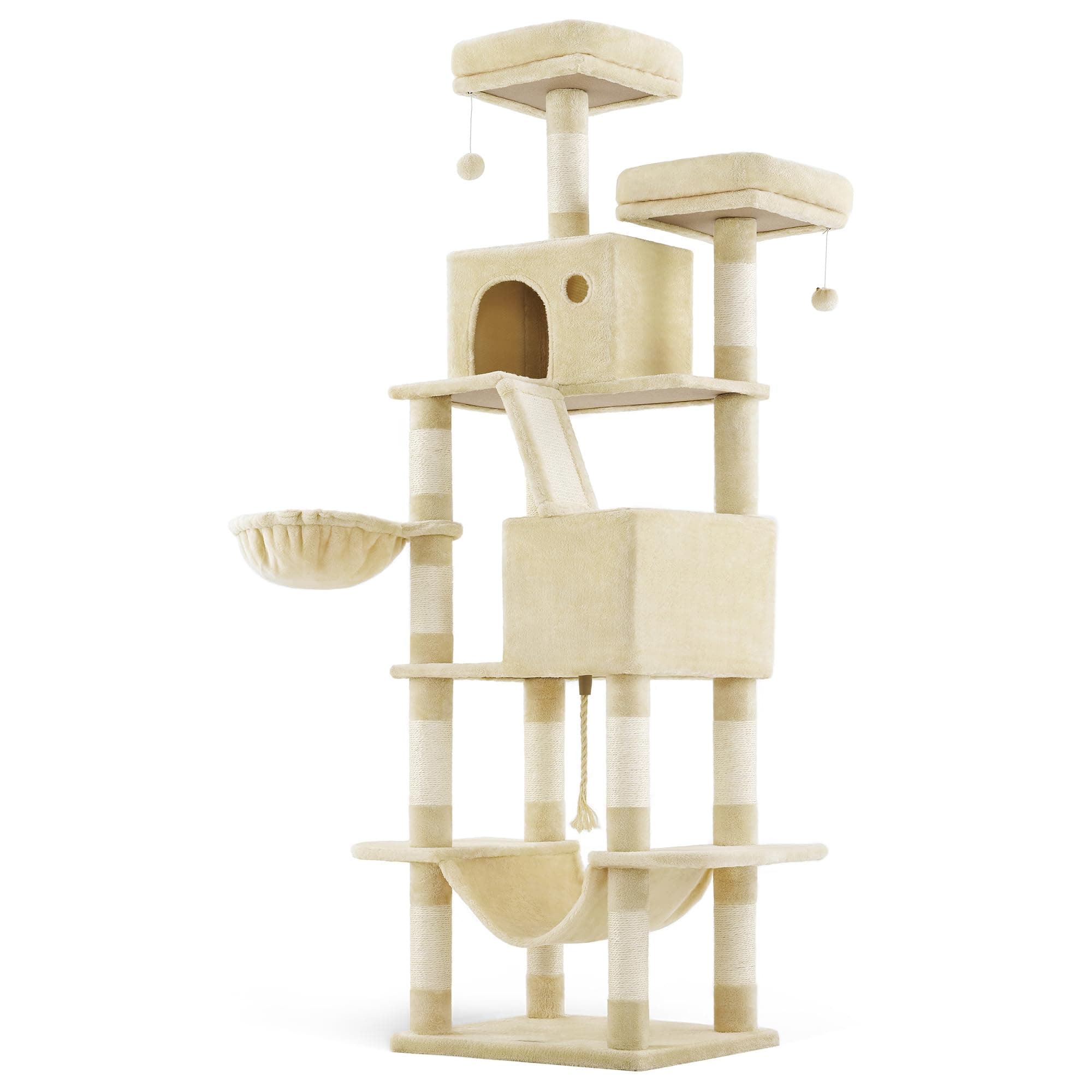 Feandrea Cat Tree, 206 cm Large Cat Tower Condo with 13 Scratching Posts, 1 Scratching Ramp, 2 Perches, 2 Caves, Basket, Hammock, Pompoms, Beige PCT190M01V1