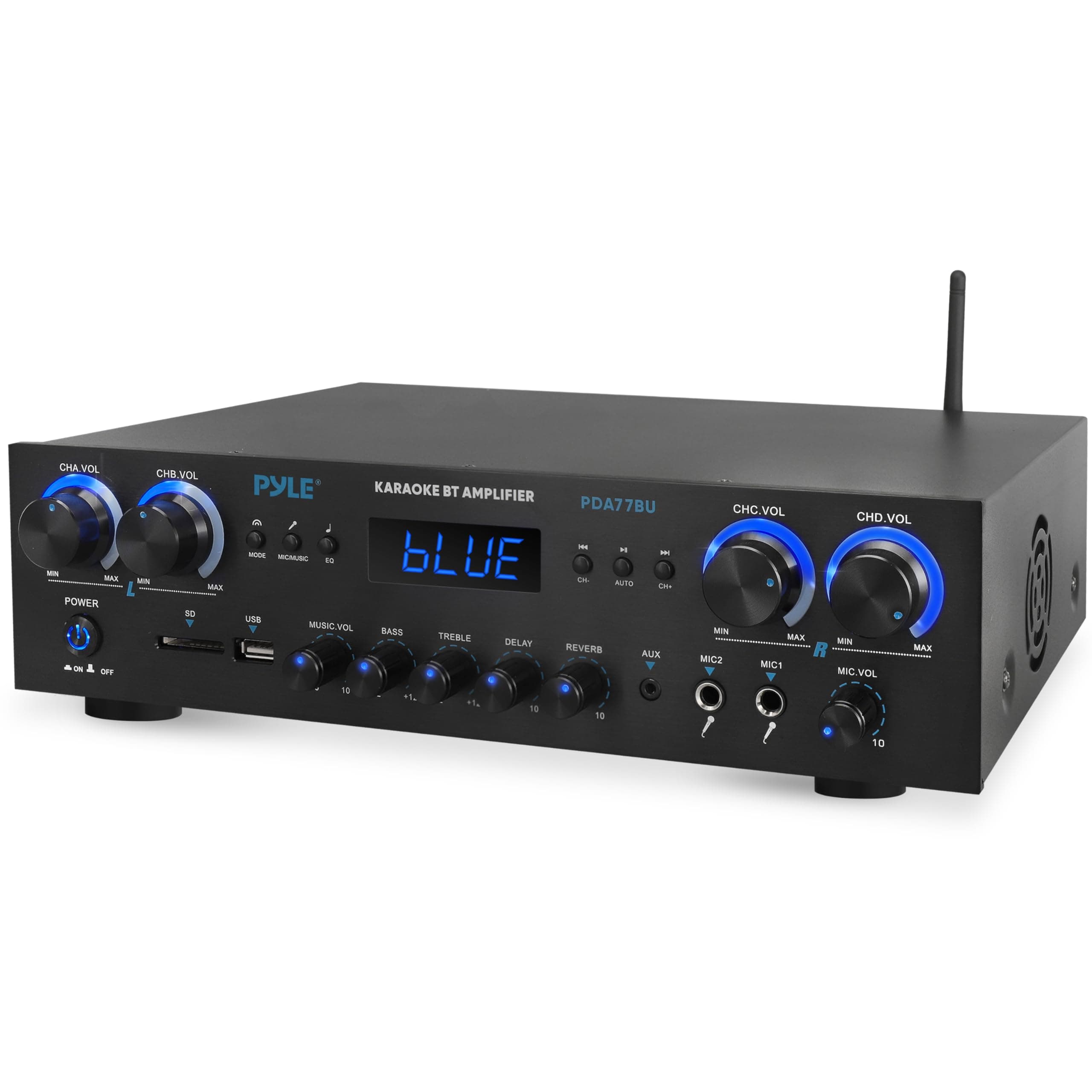 Bluetooth Stereo Amplifier – Wireless 800W 4-Channel Audio Receiver with Mic Inputs for Home, Studio, Karaoke or Theatre, USB, SD, AUX, RCA, FM, LED Display, Reverb & Delay Effects