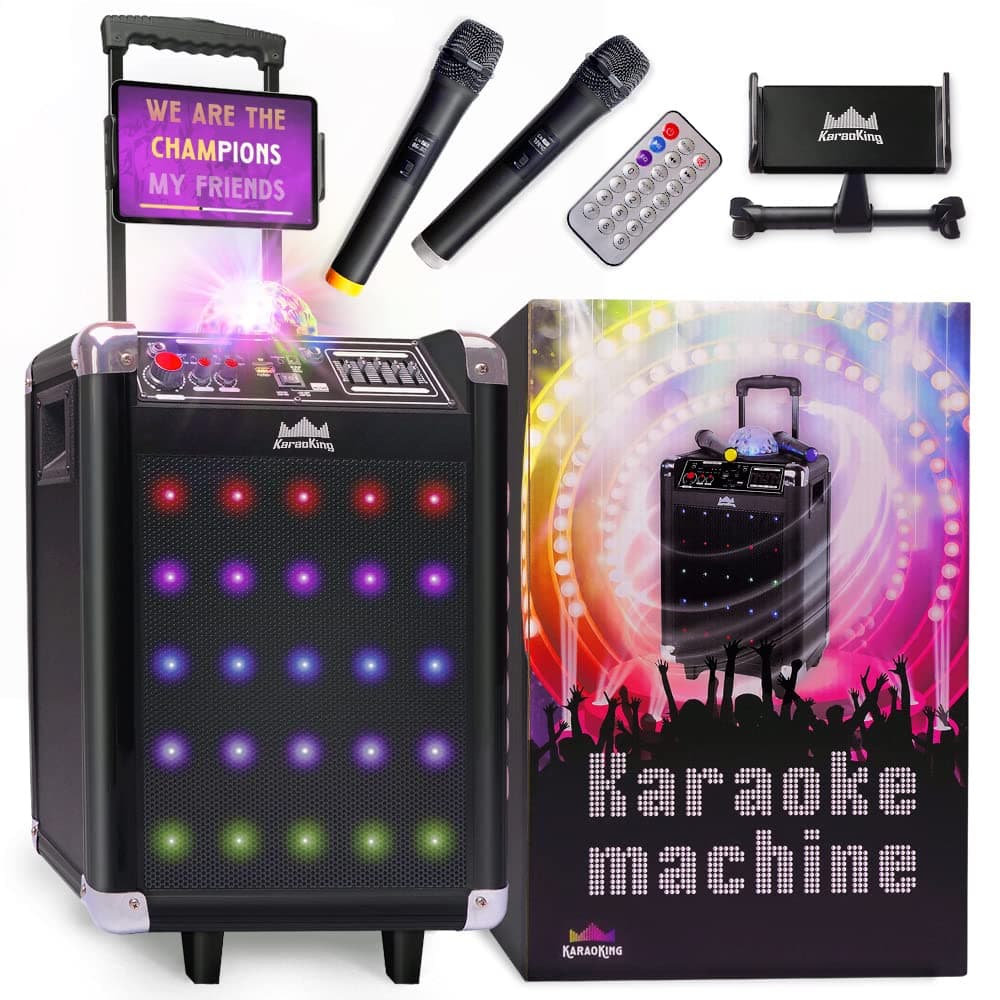 Karaoke Machine - Portable PA System with Wireless Mics, Subwoofer, Lights, Phone/Tablet Holder, Remote - For Adults & Kids