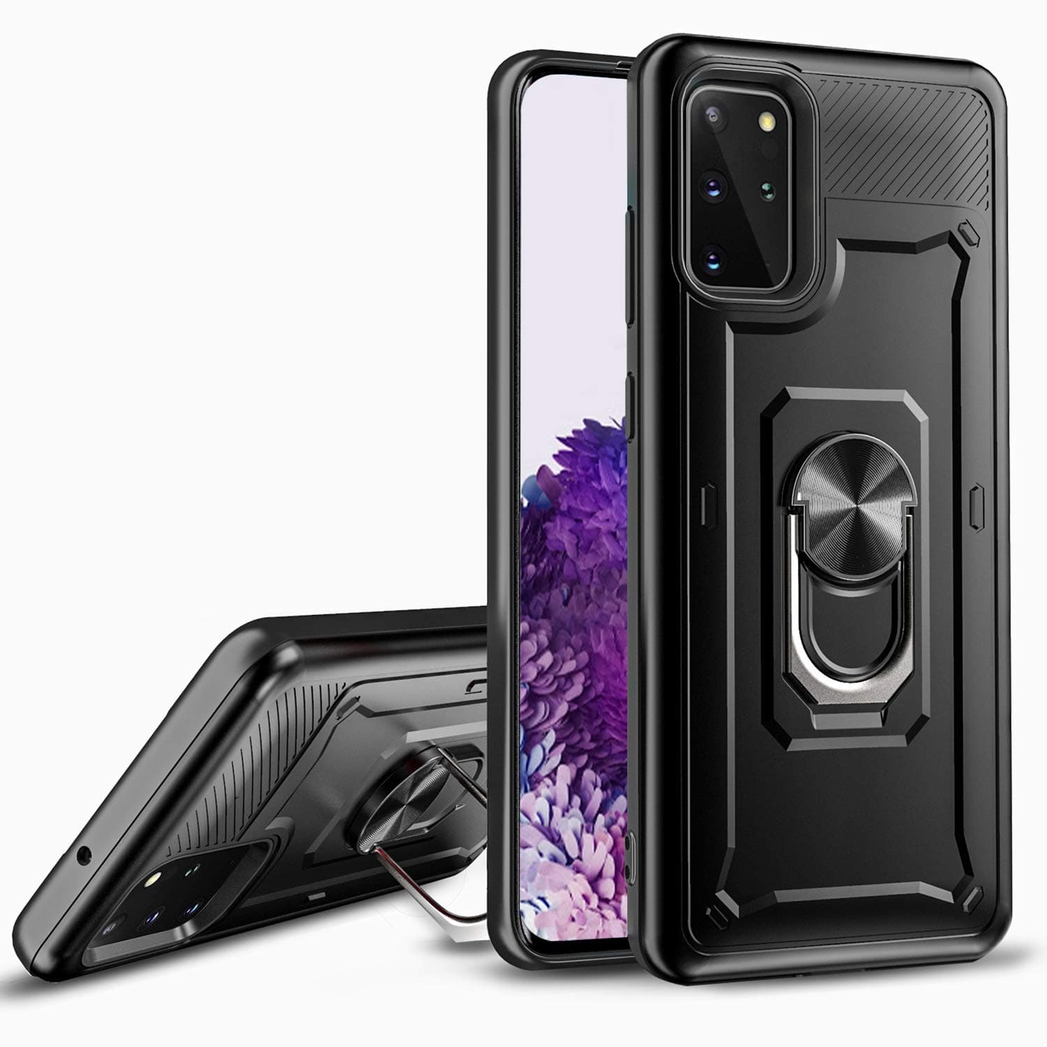 PLESON Samsung Galaxy S20 Plus Case, Military Grade Drop Tested, Hybrid Slim Fit Hard Back Shockproof Protective & Soft TPU Bumper with Ring Kickstand for Samsung Galaxy S20+ Case 6.7 Inch, Black