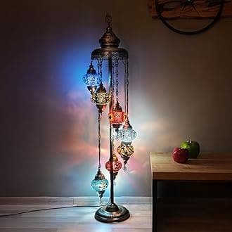 Turkish Floor Lamp, Mosaic Moroccan Lamp 7 Globe Livingroom Floor Lighting Standing Decorative Home Mid Century Modern Designs Handmade Glass 5 inch Globe - Total Height 60 inch (colormix)
