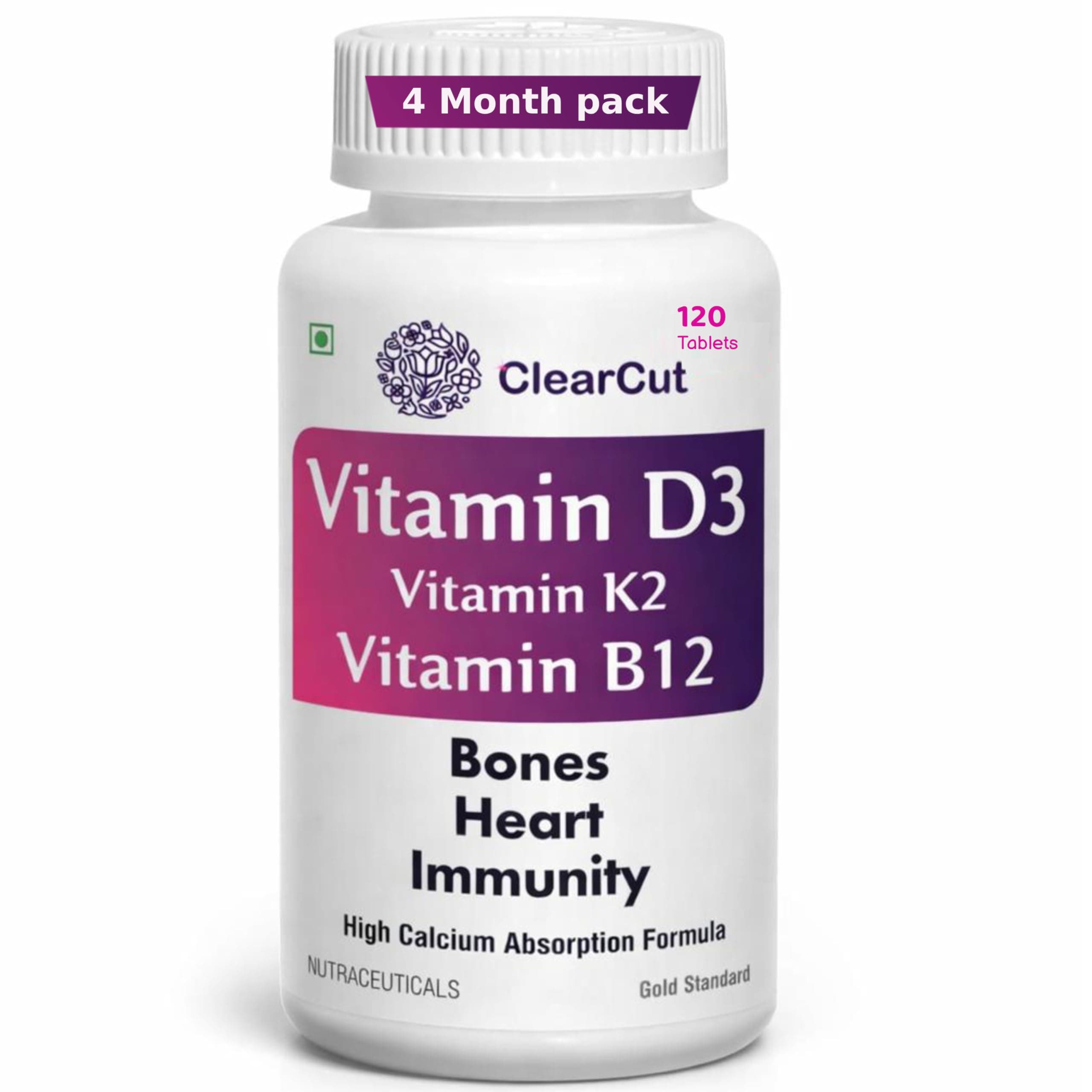 ClearCut Vitamin D3 K2 B12 Calcium tablet Joints bones Boosting Immunity supplement for men women 120