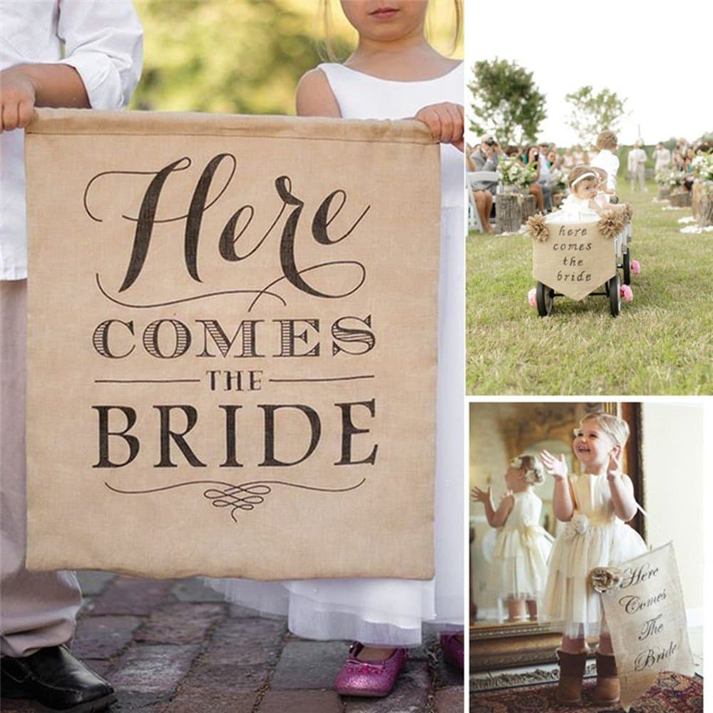 'HERE COMES THE BRIDE' Burlap Bunting Banners for Wedding Backdrop Decoration, 1pc Flags