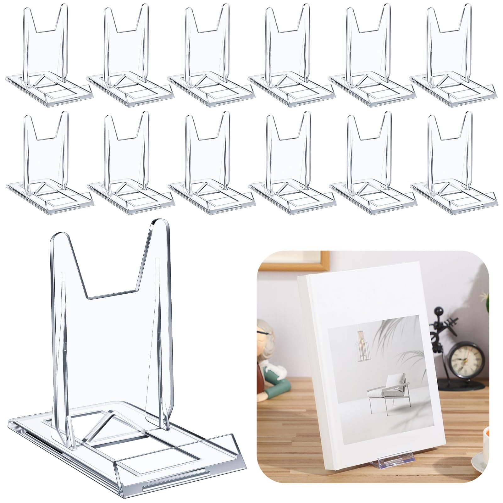 12 Pack Acrylic Book Stand for Display Adjustable Clear Display Holder Easel Collector Stand for Home Office Back to School Comic Album CD Magazine Postcard Artworks (4.2 x 4.3 x 2.35 Inch)