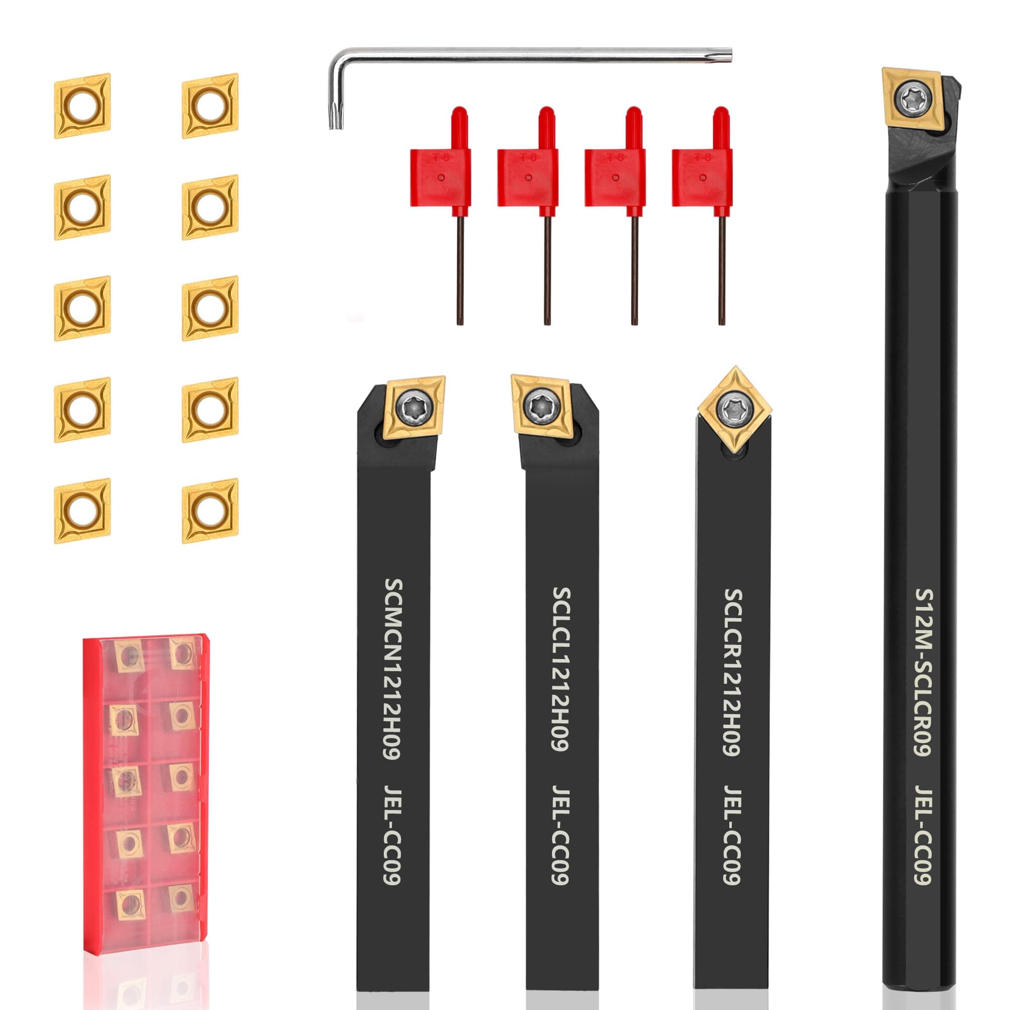 Indexable Lathe Turning Tool 1/2" 12mm Shank 14PCS Kit, 4PCS Metal Lathe Tools Holder 10PCS CCMT09T304 Carbide Insert for Turning Boring Grooving, SCMCN1212H09/SCLCL1212H09/SCLCR1212H09/S12M-SCLCR09