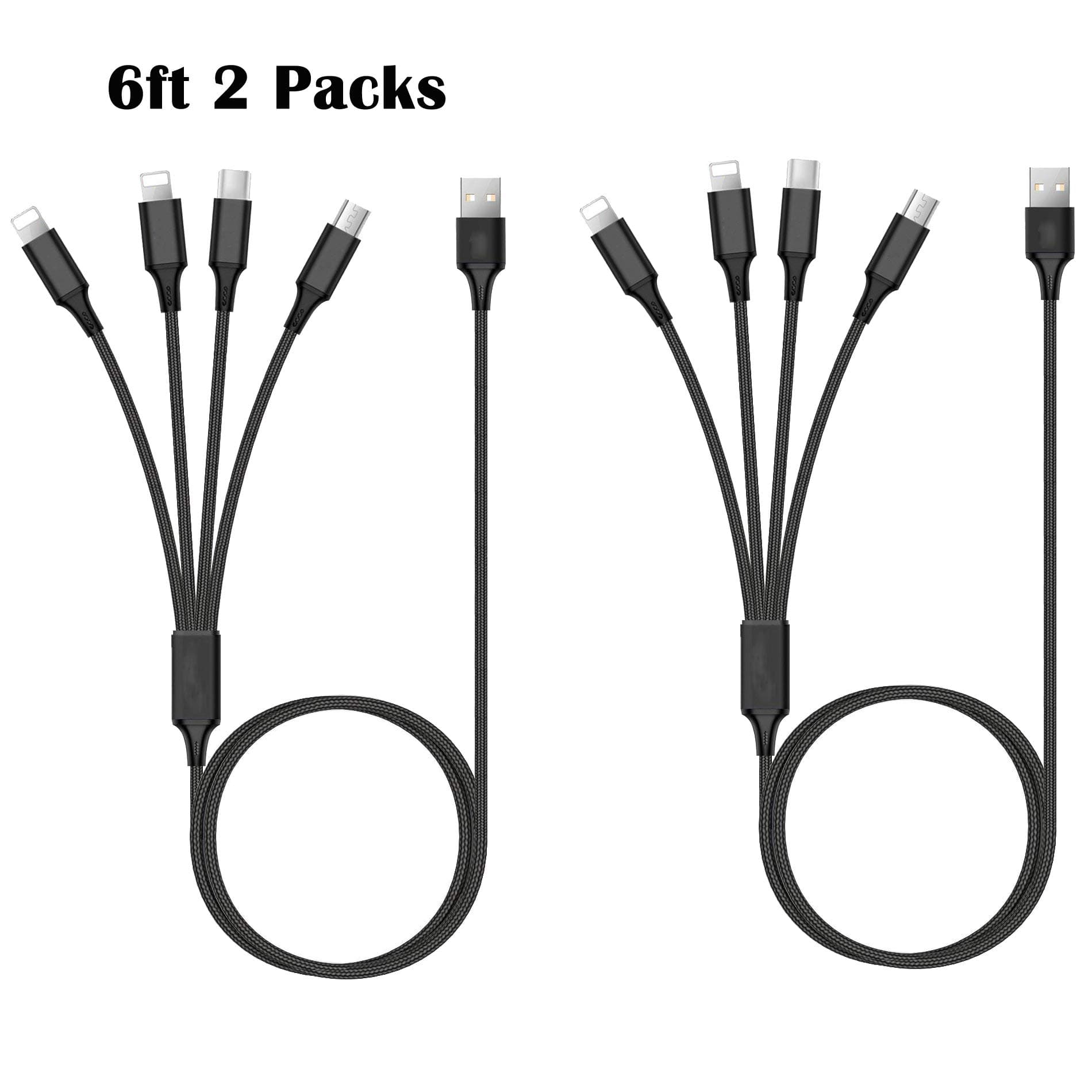 eLUUGIE 2 Packs 6ft 4 in 1 USB Cable Multi Charger Cable Braided Universal Multiple USB Charging Cord Adapter with IP Plug x2/Type C/Micro USB Port 4 Connectors for All Mobile Phones Tablets (Black)