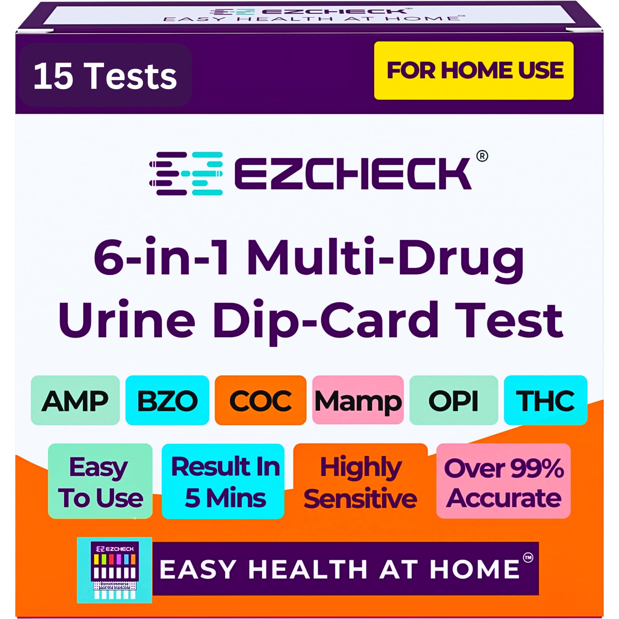 [15 Pack] EZCHECK® 6-Panel Drug Test - at-Home Rapid Urine Screening Kit for 6 Most Used Drugs: (THC-Marijuana, BZO-Benzos, MET-Meth, OPI/MOP-Opiates, AMP-Amphetamine, COC) - FSA/HSA Eligible