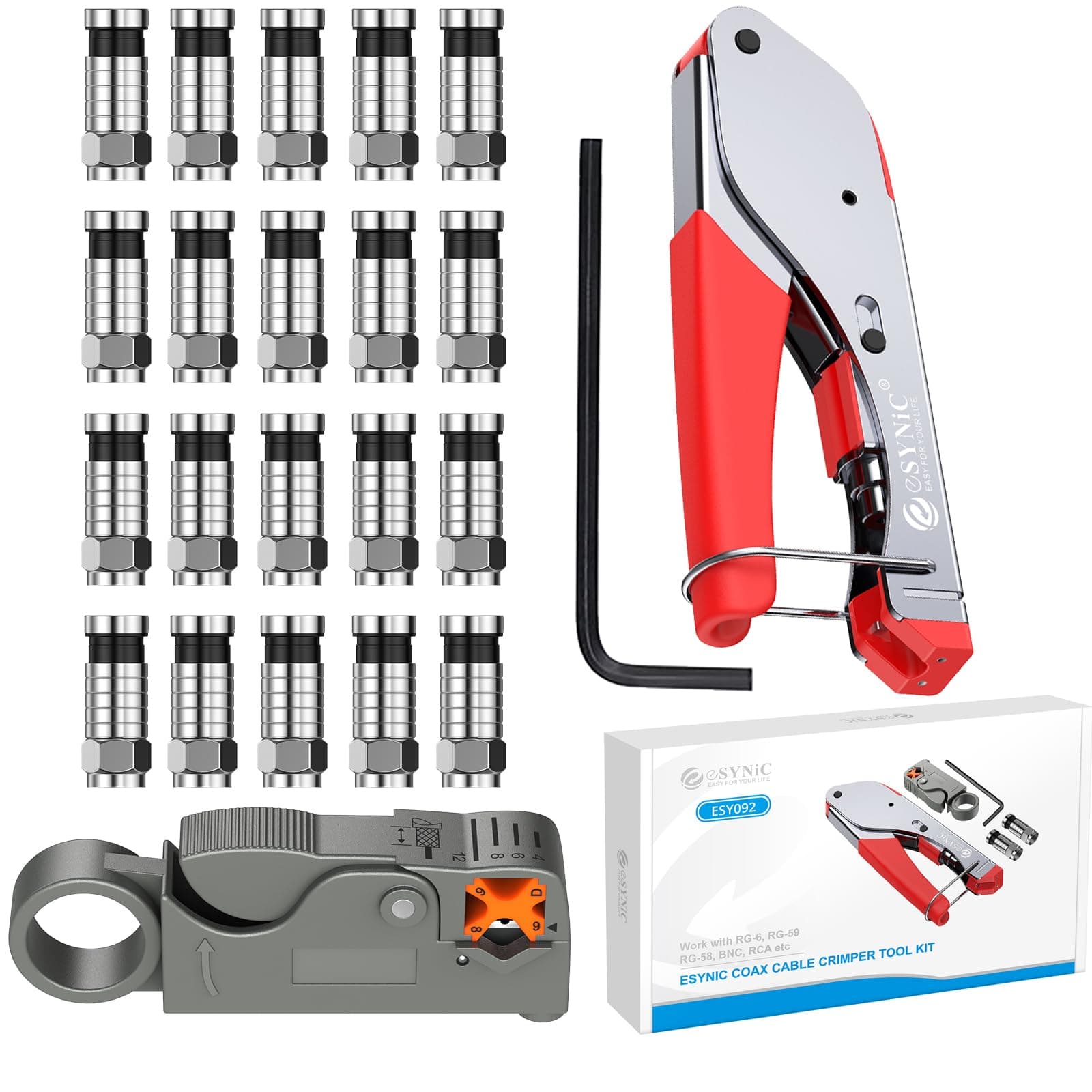 Professional Coax Crimping Tool F Type Connector Compression Tool Set Coax Cable Crimper Tool Kit for RG6 with 20Pcs RG6 Coaxial Cable Connectors and a Adjustable Rotary Coaxial Cable Cutter