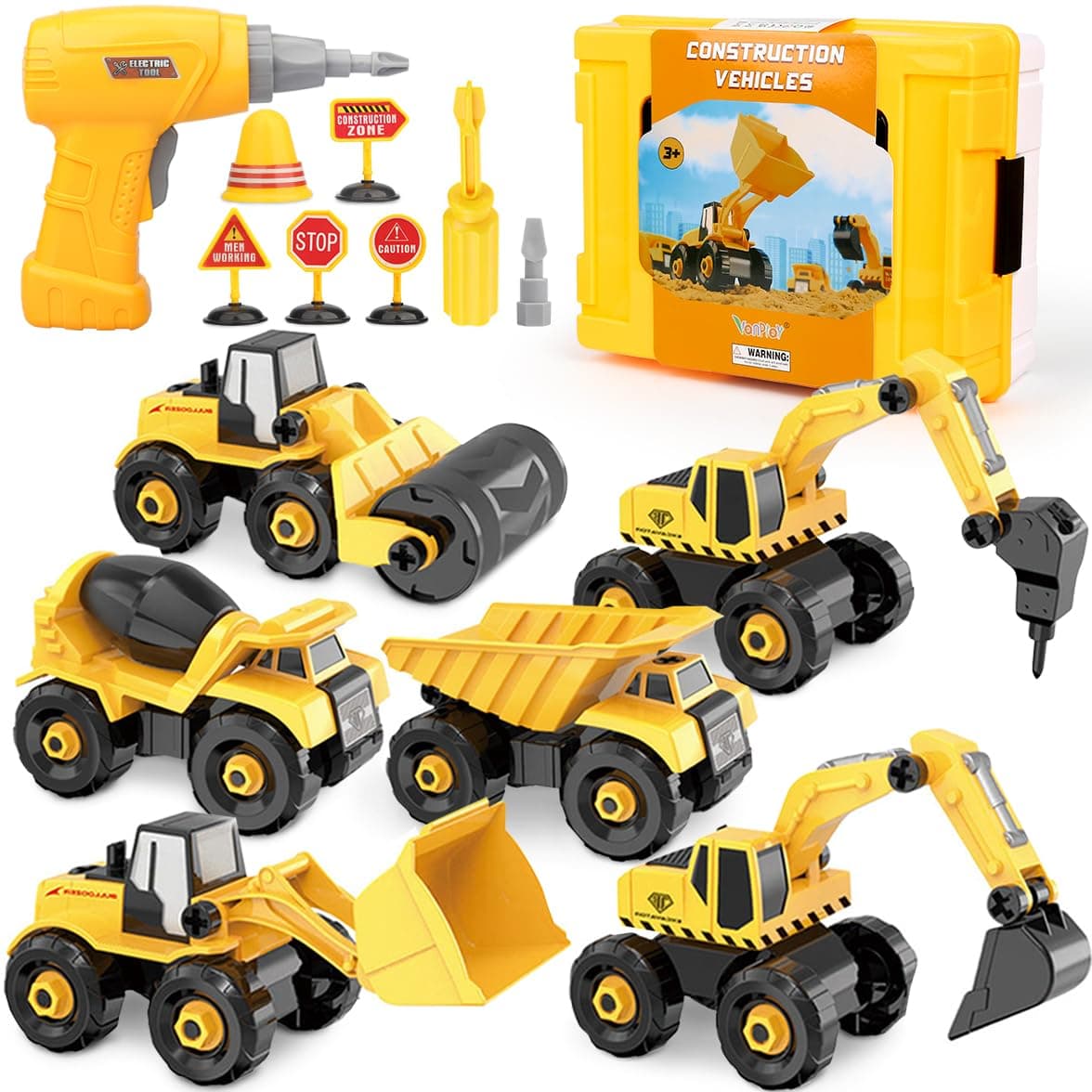 6 in 1 Take-Apart Construction Vehicles include Toy Drill & Box, Digger Excavators Truck Building STEM Learning Gift, Electric Drill Toy Set for Boys Girls 3 4 5 Years Old