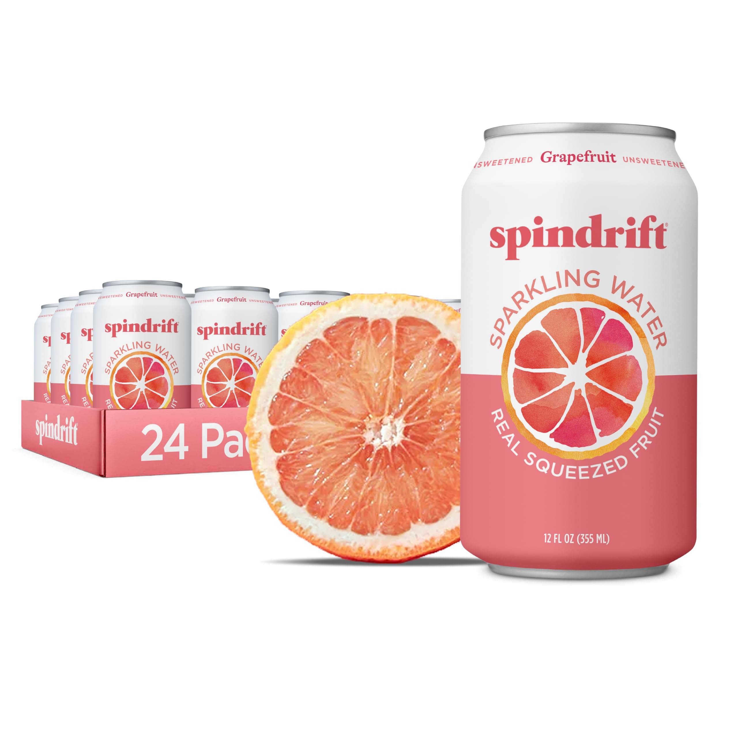 Spindrift Sparkling Water, Grapefruit Flavored, Made with Real Squeezed Fruit, (Only 15 Calories per Seltzer Water Can), 12 Fl Oz (Pack of 24)