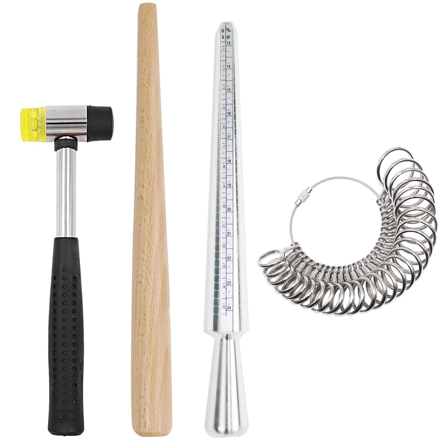 Ring Mandrel Metal Ring Sizer Set with Jewelry Rubber Mallet Hammer Rings Size Measuring Tools Finger Gauge Wood Ring Shaper Tool Jeweler's Repair Kit