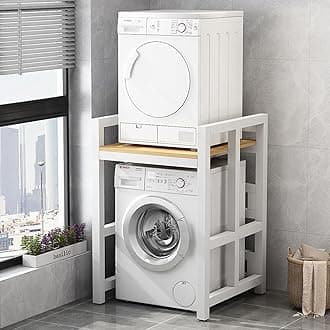 Stackable Washer Dryer Standing Rack Shelf, Steel Washer Dryer Machine Stacking Rack Stand Wooden Washing Machine Shelf Heavy Duty Space Saving for Bathroom Laundry Room