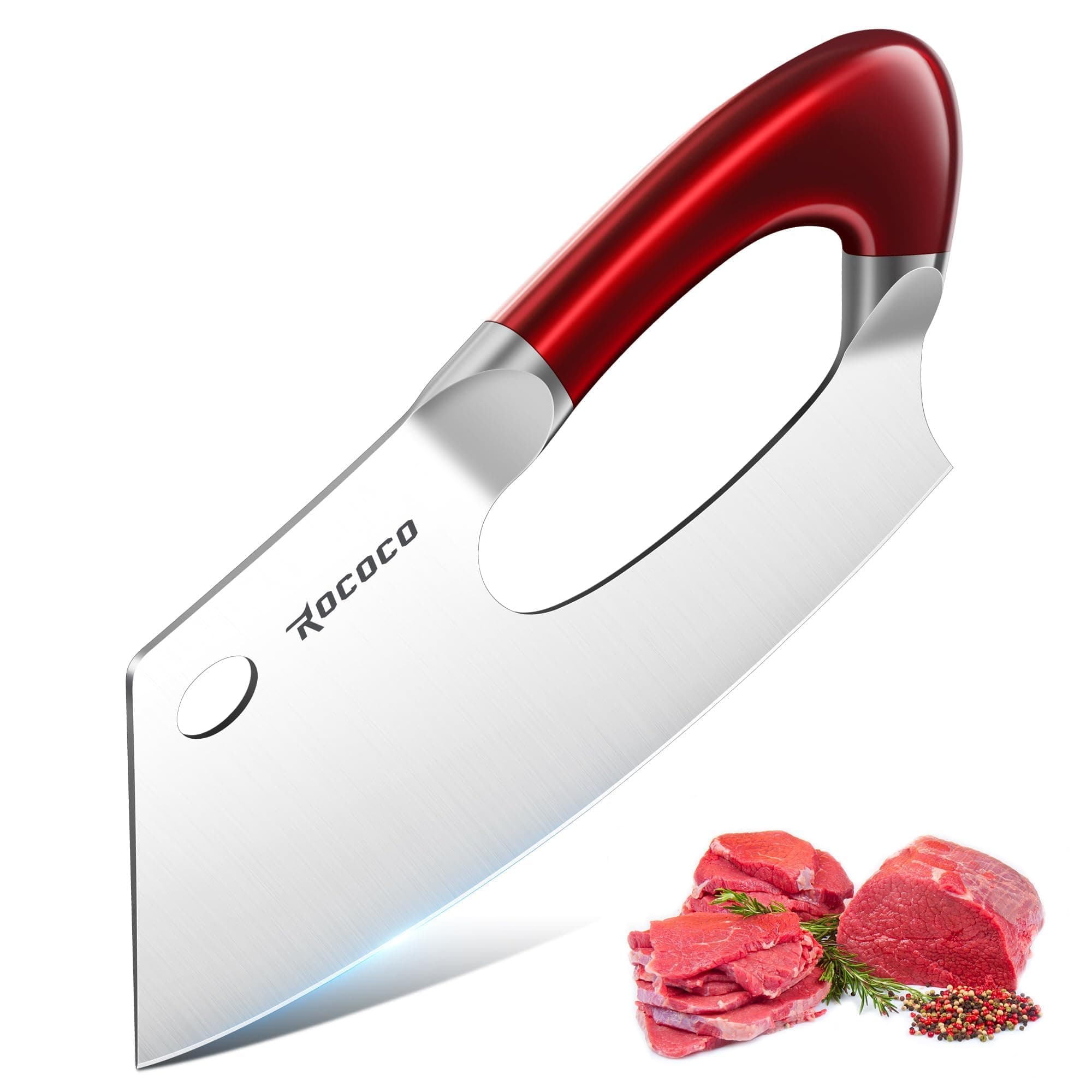 ROCOCO Easy Handle Meat Cleaver - Effort Saving Chef Knife Unique Professional for Kitchen Cutting Meat Vegetable Birthday Gift Red Stainless Steel