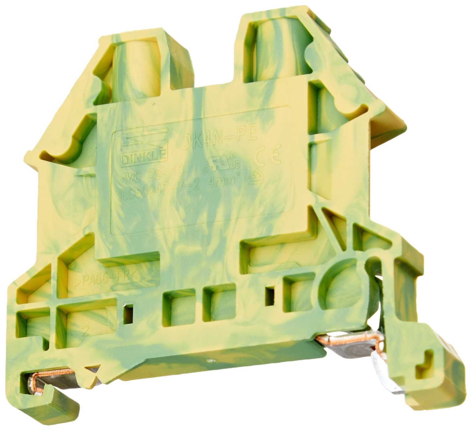 Dinkle DK4N-PE DIN Rail Grounding Terminal Block Screw Type Green Yellow IEC 630V UL 30A 10-28AWG, Pack of 100