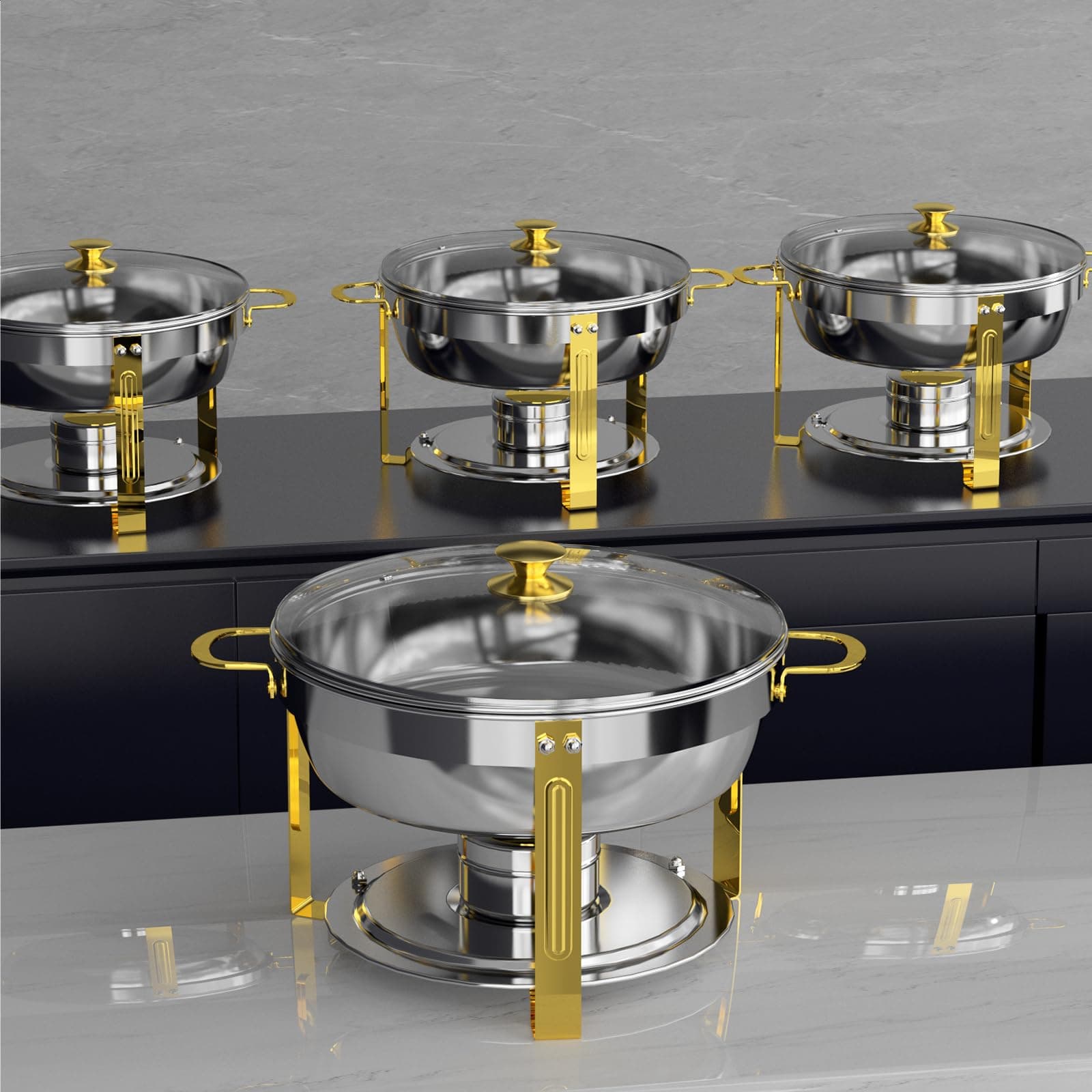 Chafing Dishes for Buffet, 5 Qt Round Chafing Dish Buffet Set with Glass Lid, Stainless Steel Chafers and Buffet Warmers Sets for Parties, Rolled-Edge Design with Gold and Silver, 4 Pack