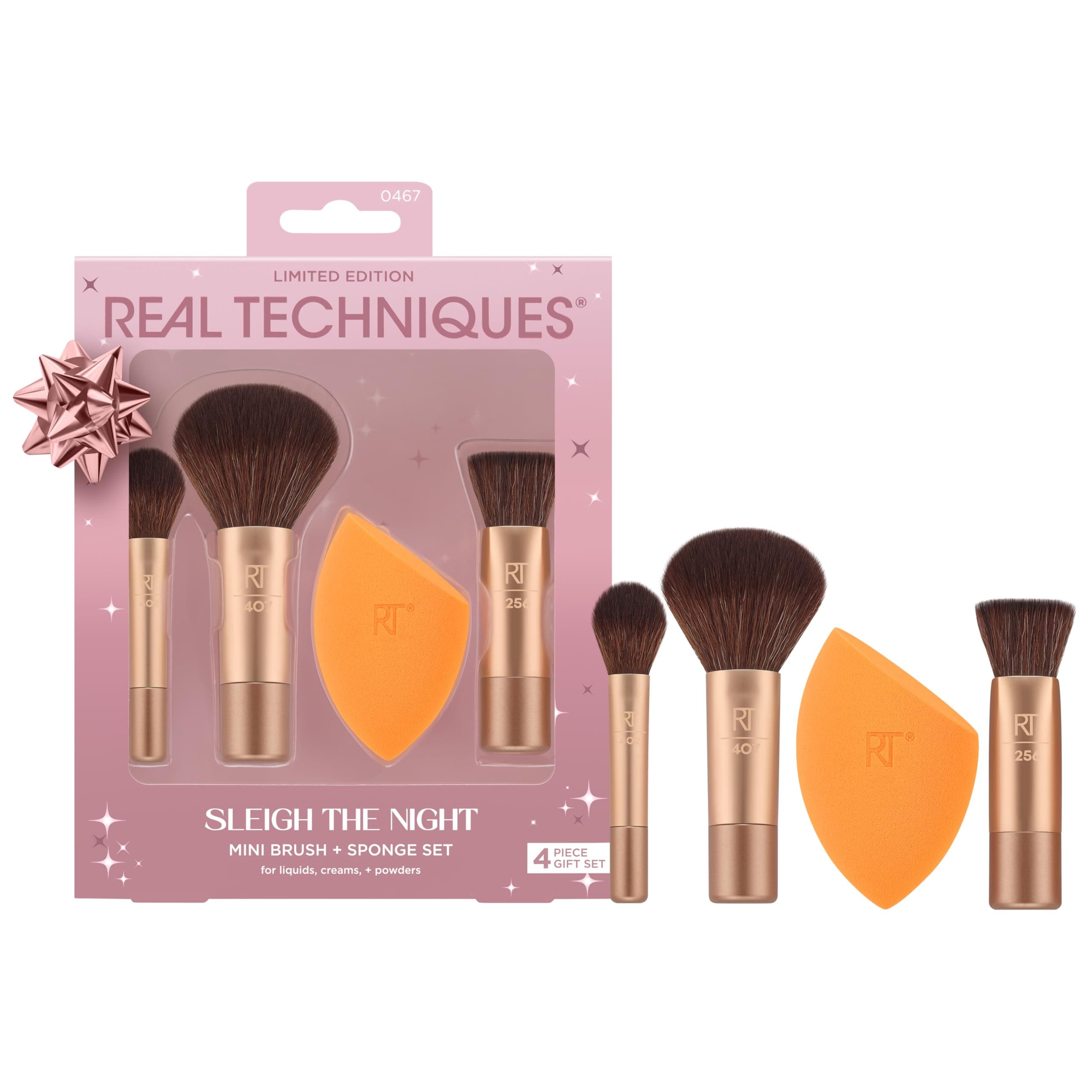 REAL TECHNIQUES Sleigh The Night Mini Brush + Sponge 4 Piece Set, Small Makeup Brushes For Travel, Makeup Sponge For Foundation & Concealer, Stocking Stuffer, Limited Edition, Latex-Free