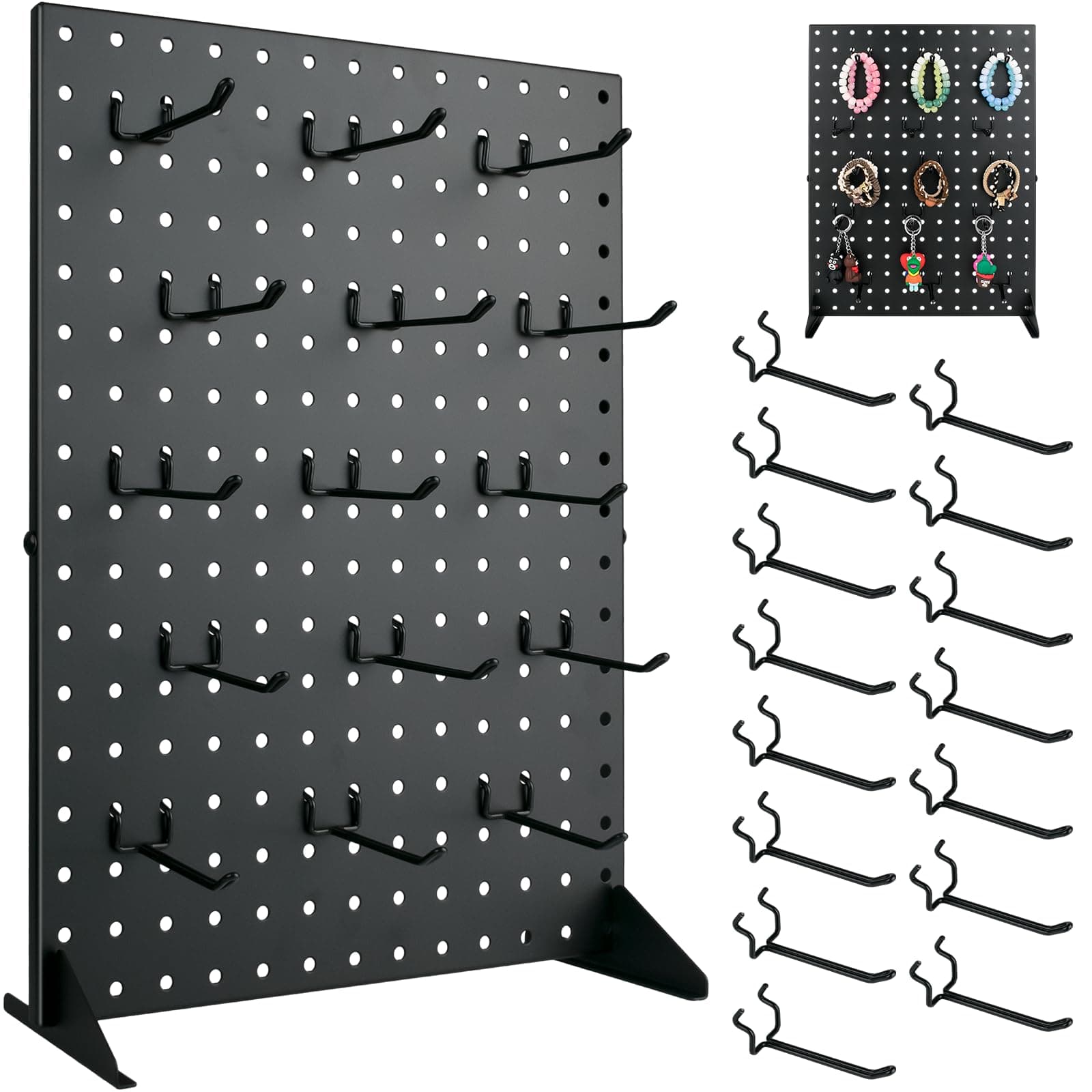 Metal Pegboard Display Stand With 15 Peg Board Hooks Accessories, Desk Pegboard Panels, Merchandise Display Rack for Selling Accessories Vendors & Events Retail Craft Shows & Fairs (17*13Inch, Black）
