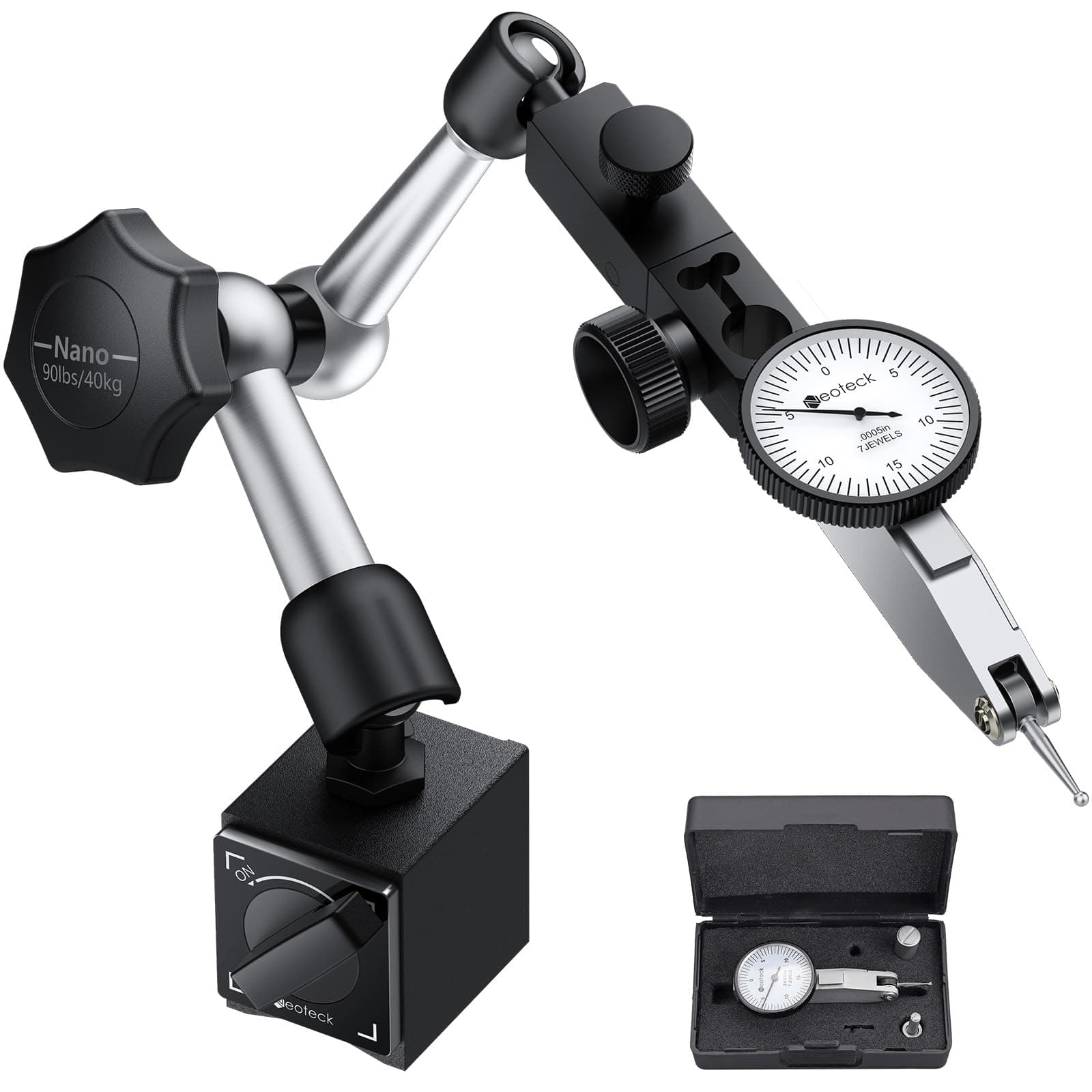 Neoteck Dial Test Indicator with Magnetic Base Stand and Storage Case, 0-0.03"/0.0005" Test Indicator Set with 2 Steel Dovetail Clamps 3/8'' and 5/32'' for Machine Set-Up, Narrow Area Measurement