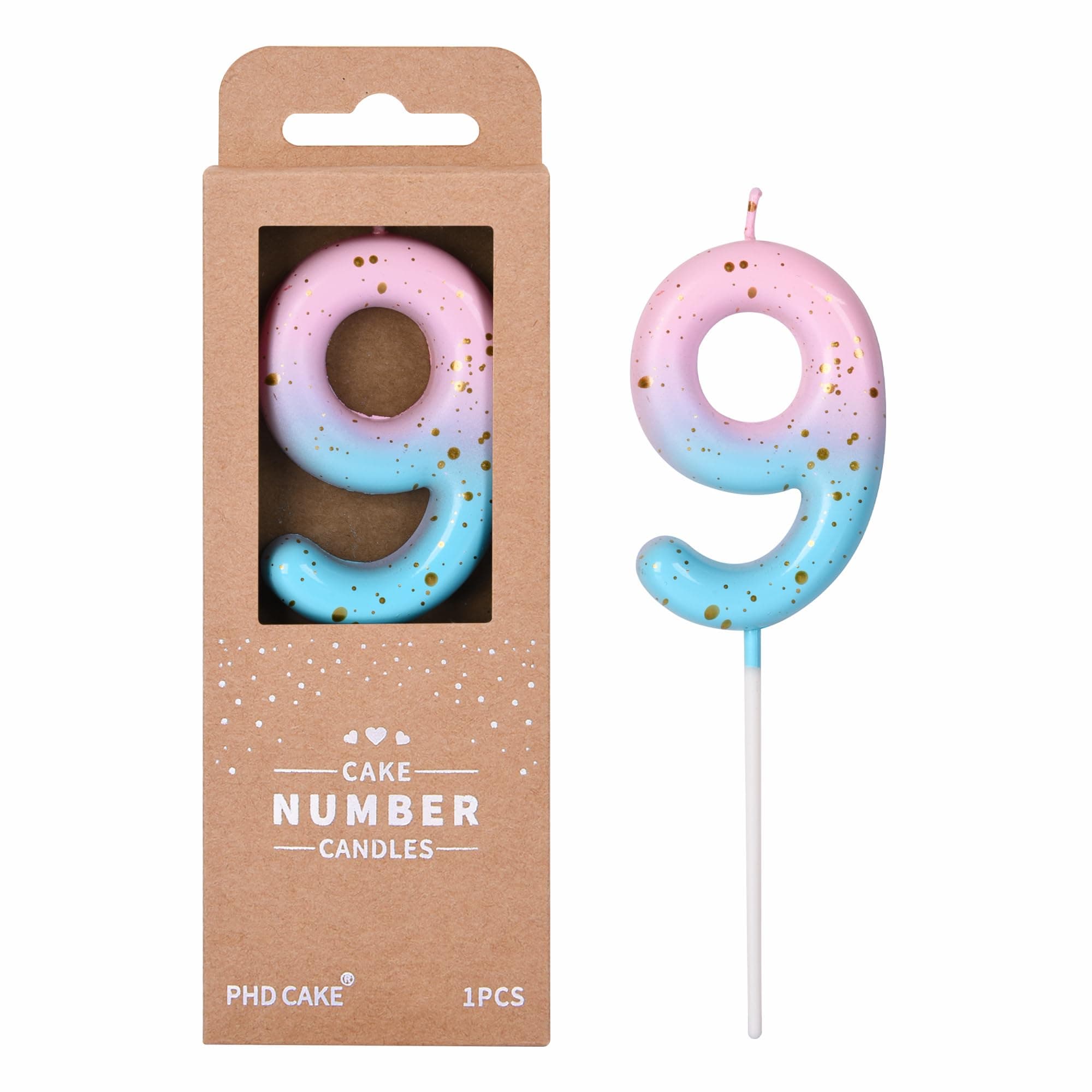 2.76 Inch Classical Pink Blue Gold 9 Number Birthday Candles, Gold & Blue Cake Candles for Party Celebration