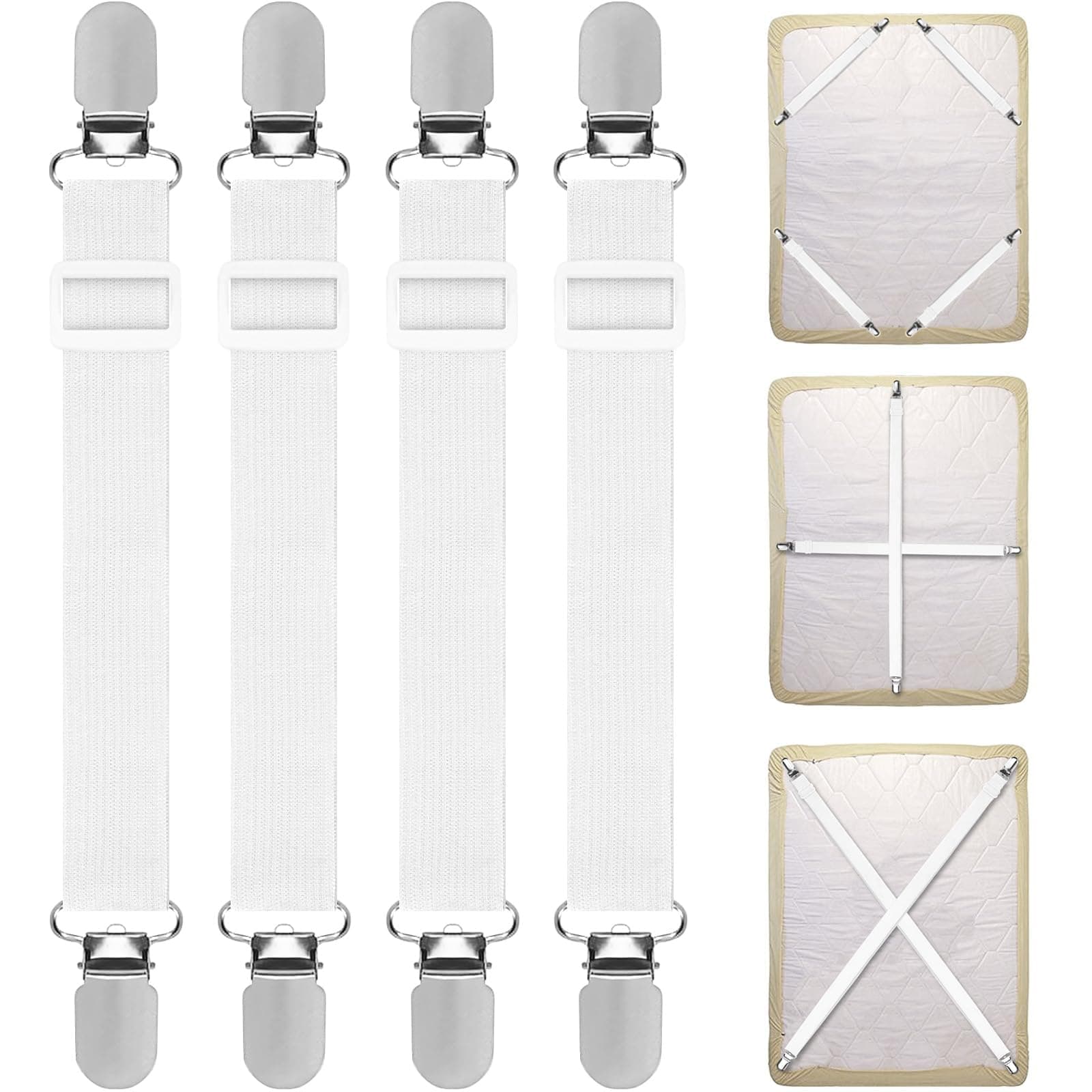 Bed Sheet Clips, 4PCS Adjustable Bed Sheet Straps, Elastic Sheet Straps Suspenders Clips for Bedding, Fitted Bed Sheet Grippers to Keep Your Sheets in Place
